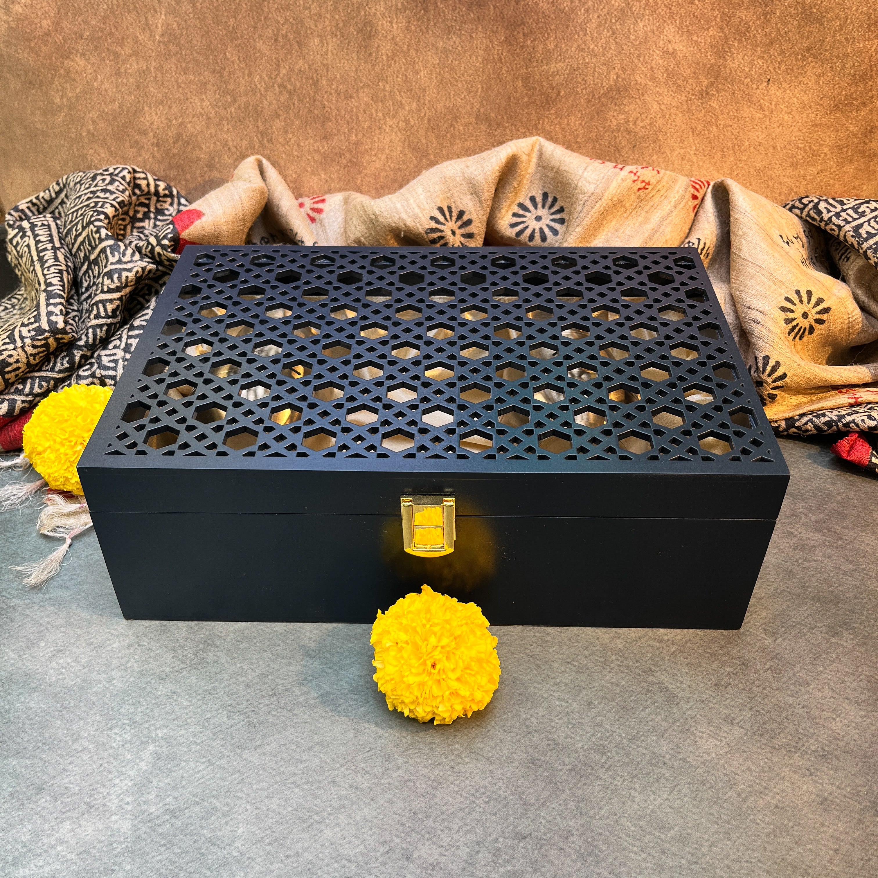 AMBI Premium Noor Jaali Wooden Gift Box – Navy Blue