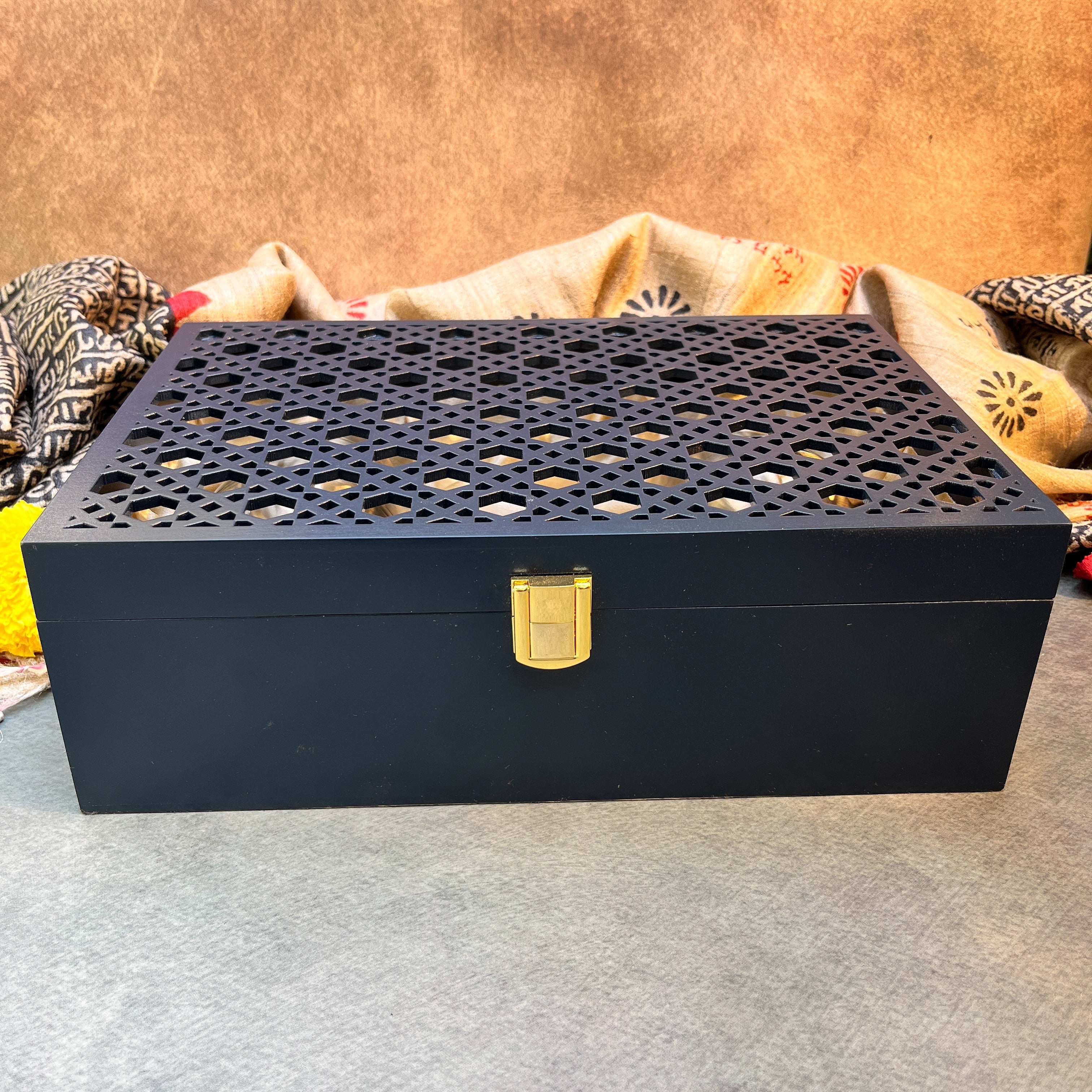 AMBI Premium Noor Jaali Wooden Gift Box – Navy Blue