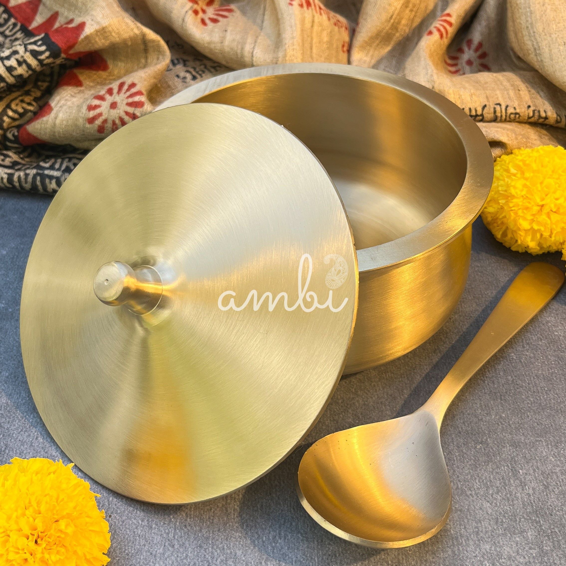 Ambi 100% Pure Lead-Free Kansa Serving Handi with Dome Lid & Serving Spoon – Medium Size