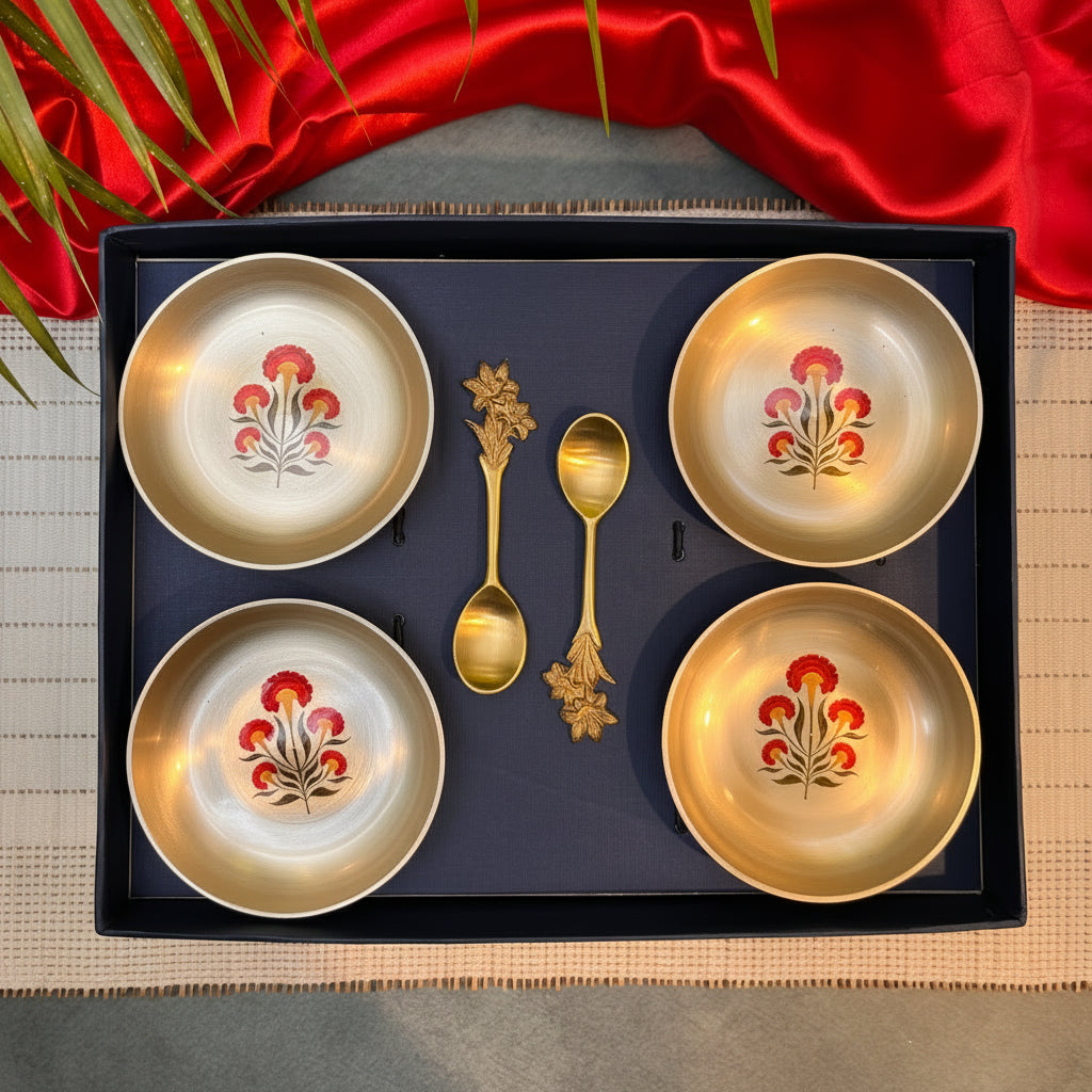 Ambi Kansa Dessert Plate and Spoon Gift Box - Set of 4