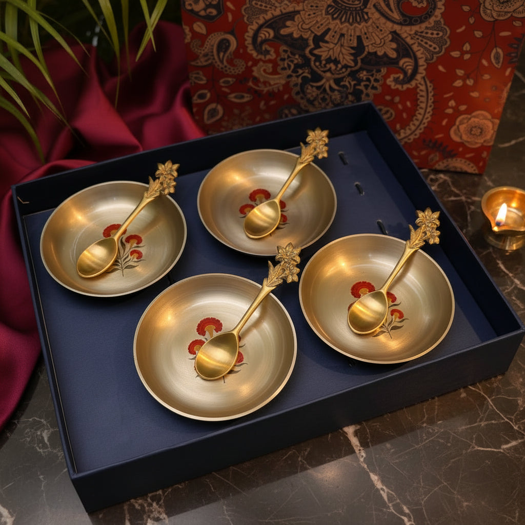 Ambi Kansa Dessert Plate and Spoon Gift Box - Set of 4