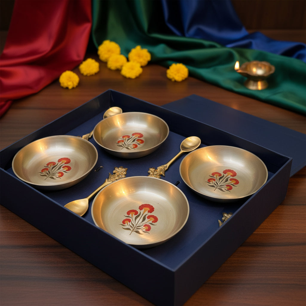 Ambi Kansa Dessert Plate and Spoon Gift Box - Set of 4