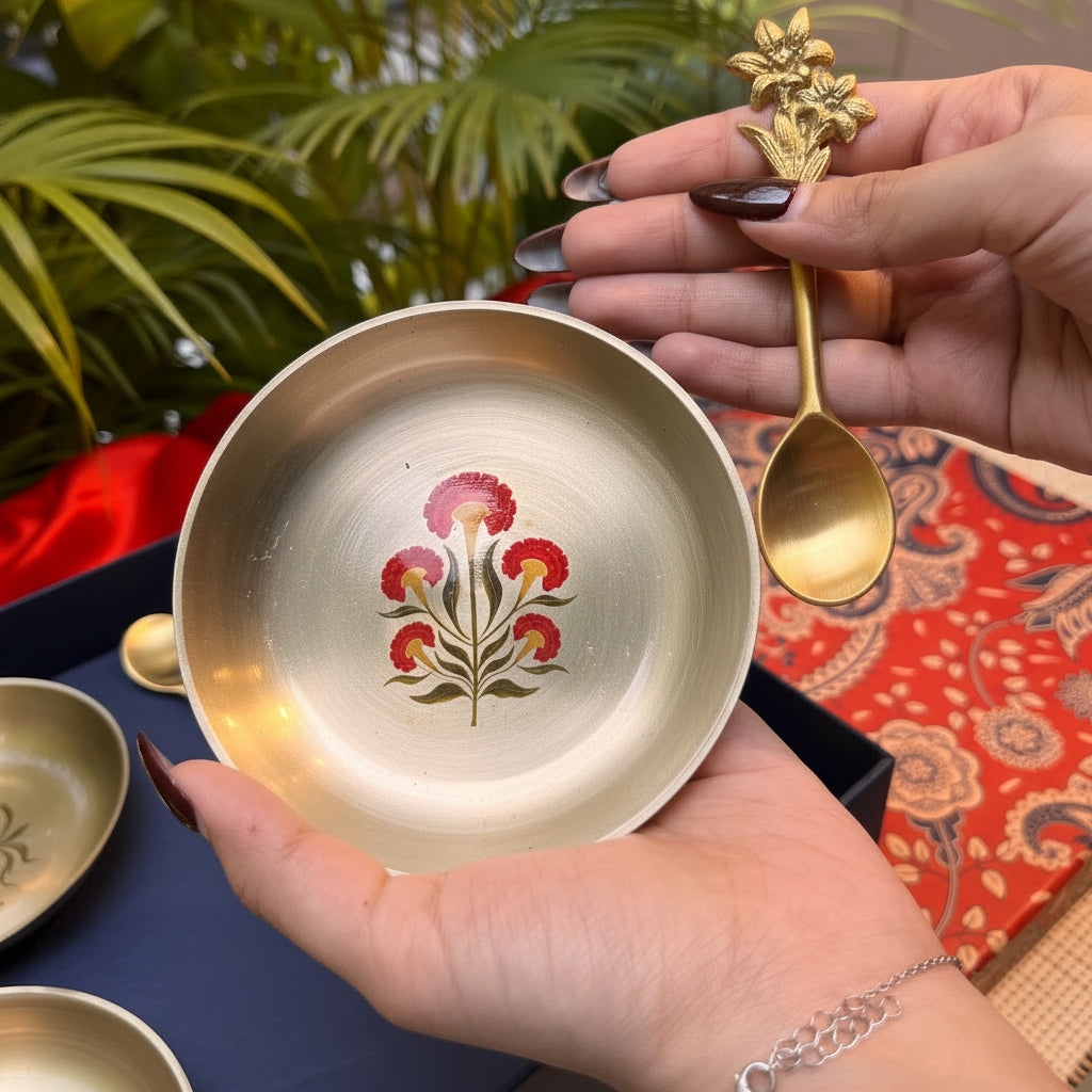 Ambi Kansa Dessert Plate and Spoon Gift Box - Set of 4