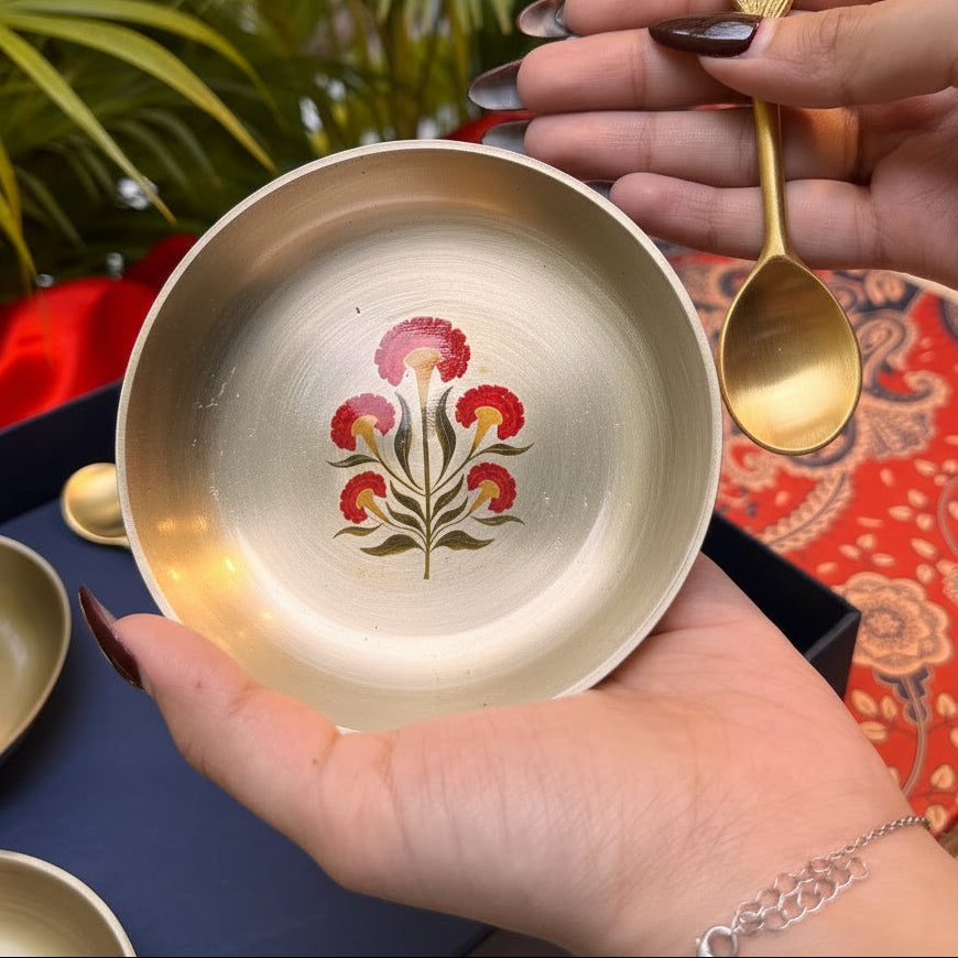 Ambi Kansa Dessert Plate and Spoon Gift Box - Set of 4
