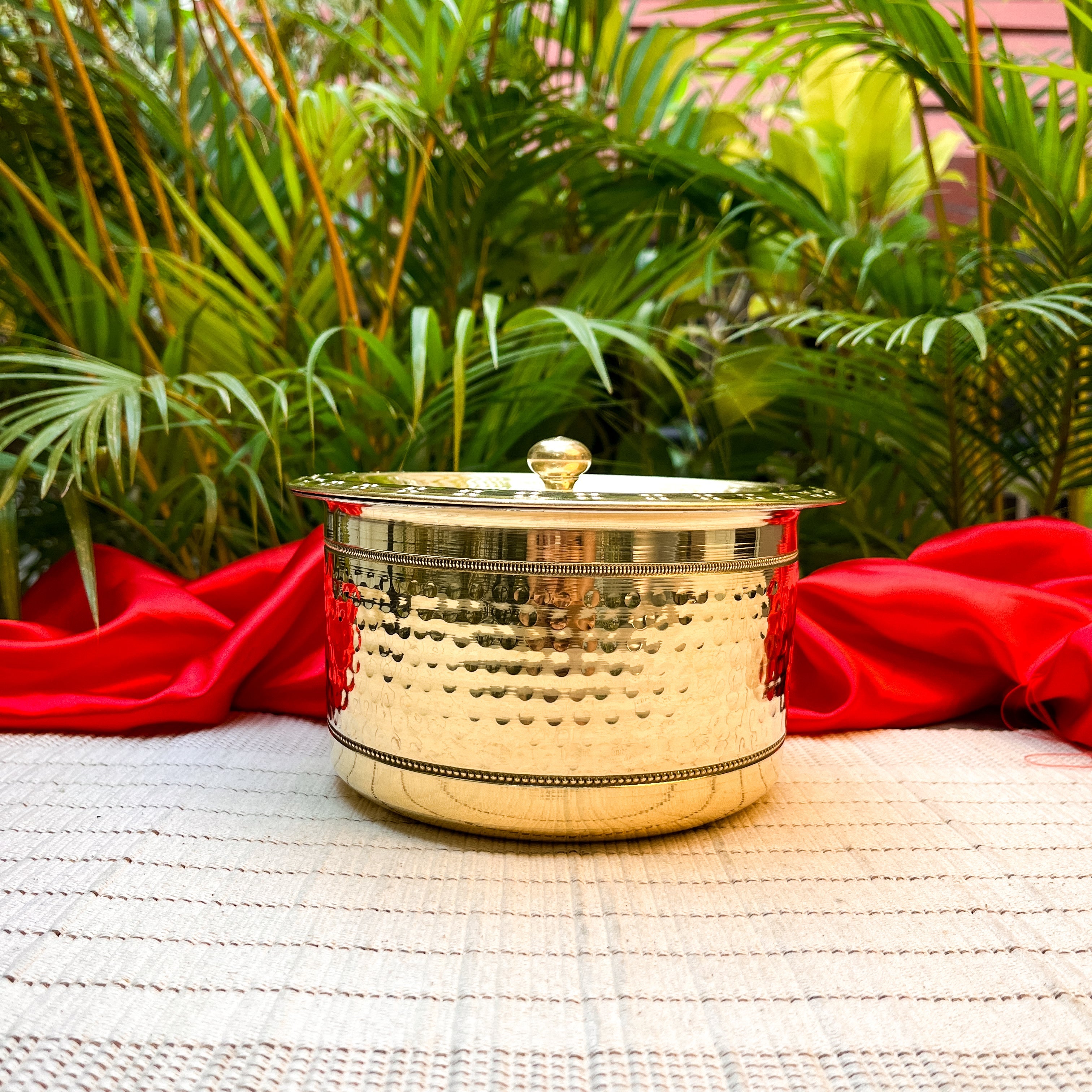 Ambi Home Pure Brass Small Hammered Pateela with Lid | 1L Traditional Indian Cooking Pot