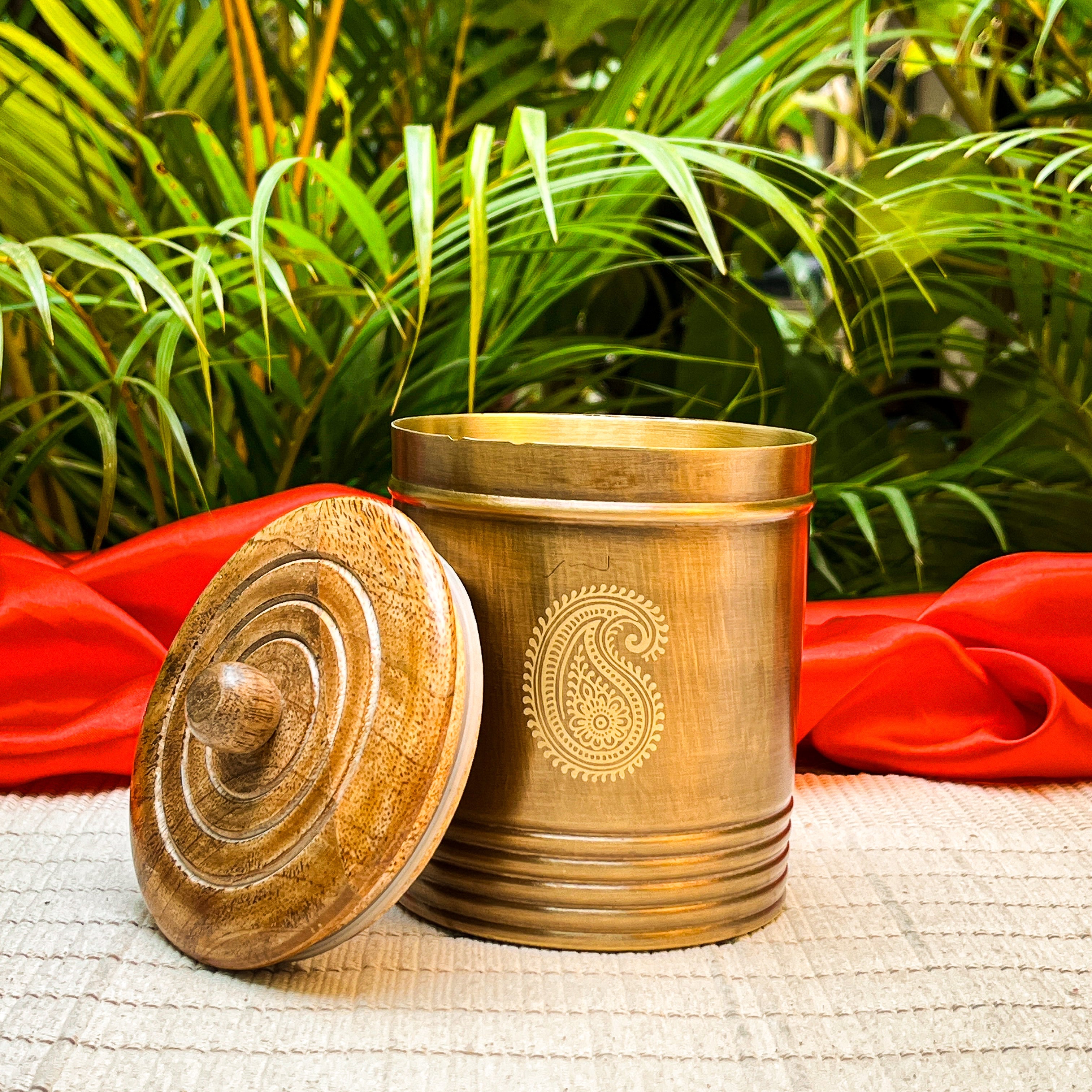 Ambi Brass Storage Box with Wooden Lid – Medium | Paisley Design
