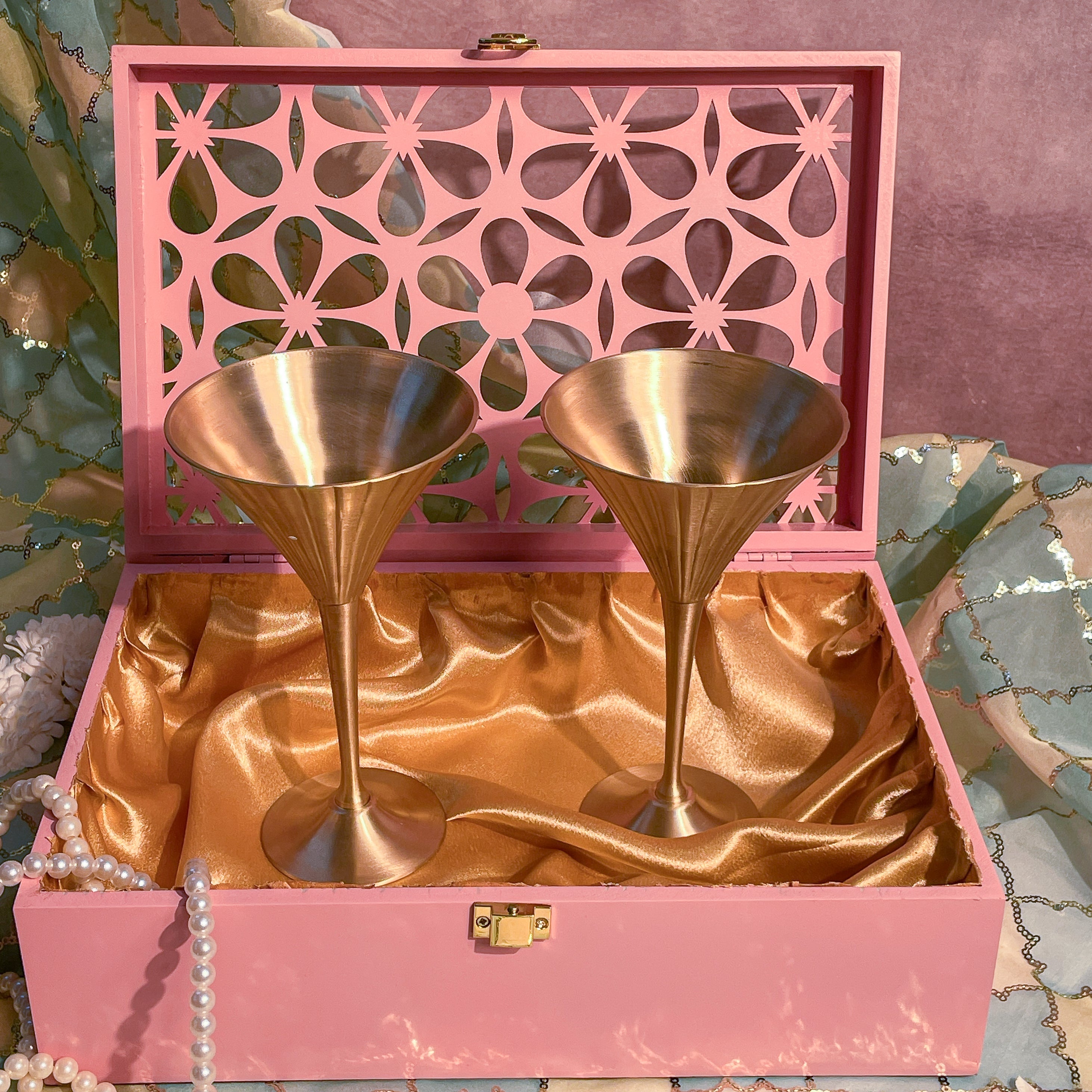 AMBI Premium Floral Jaali Wooden Gift Box with Vintage-Inspired Pure Kansa Wine / Cocktail / Martini Glasses – Matte Finish Set of- 2
