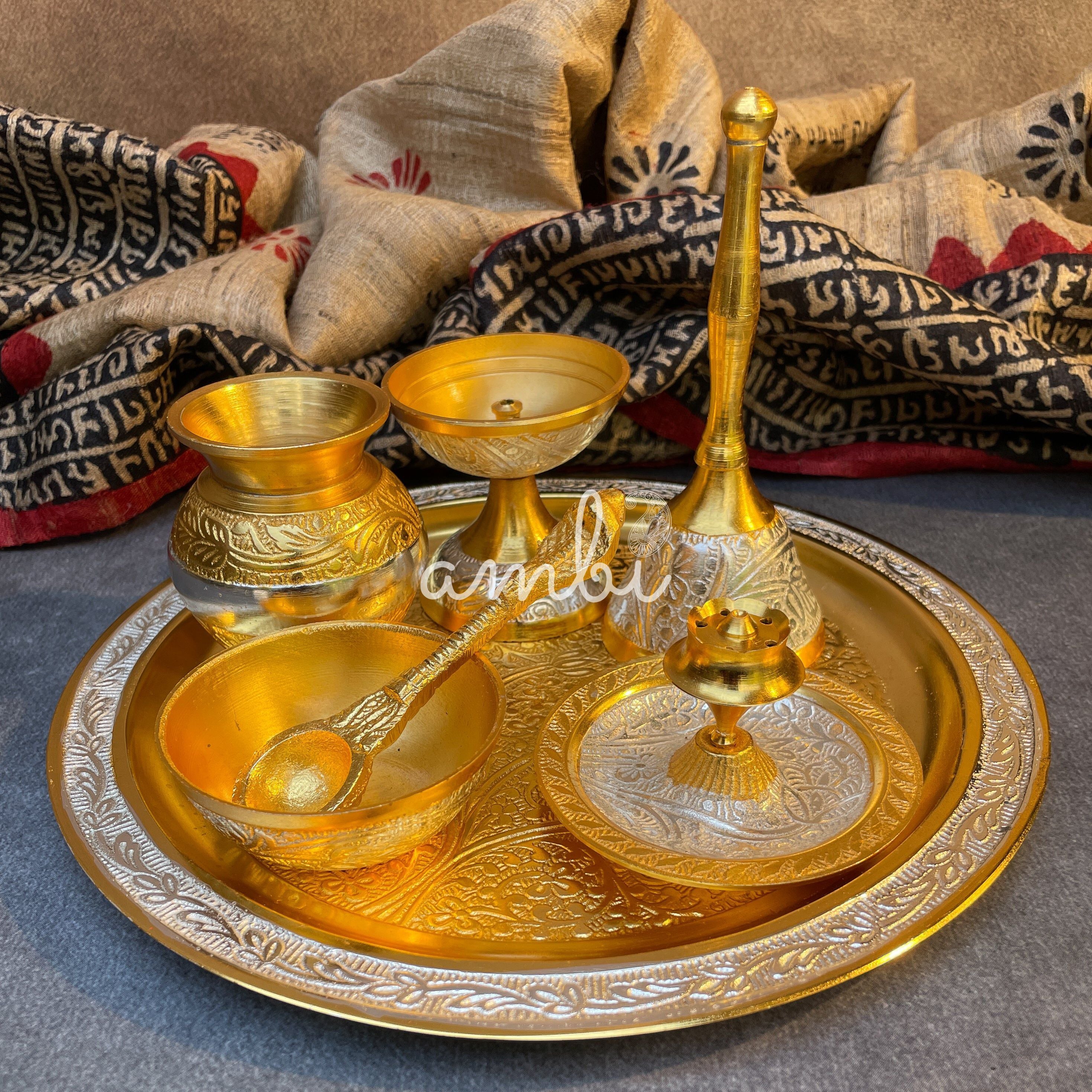 AMBI Pure Brass Puja Thali Set – Traditional Engraved Design