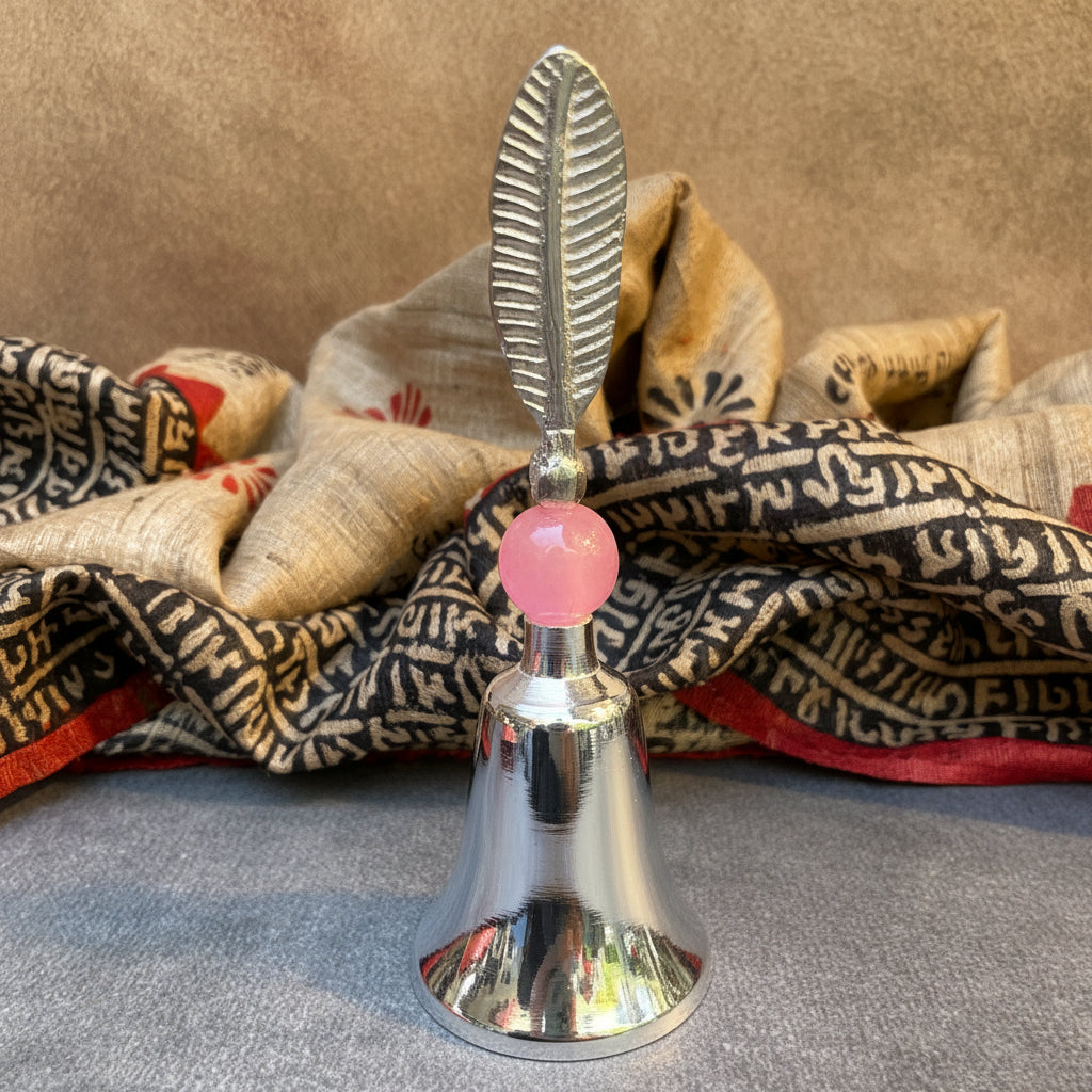 AMBI Handcrafted Silver-Plated Brass Pooja Bell (Ghanti) with Feather Handle