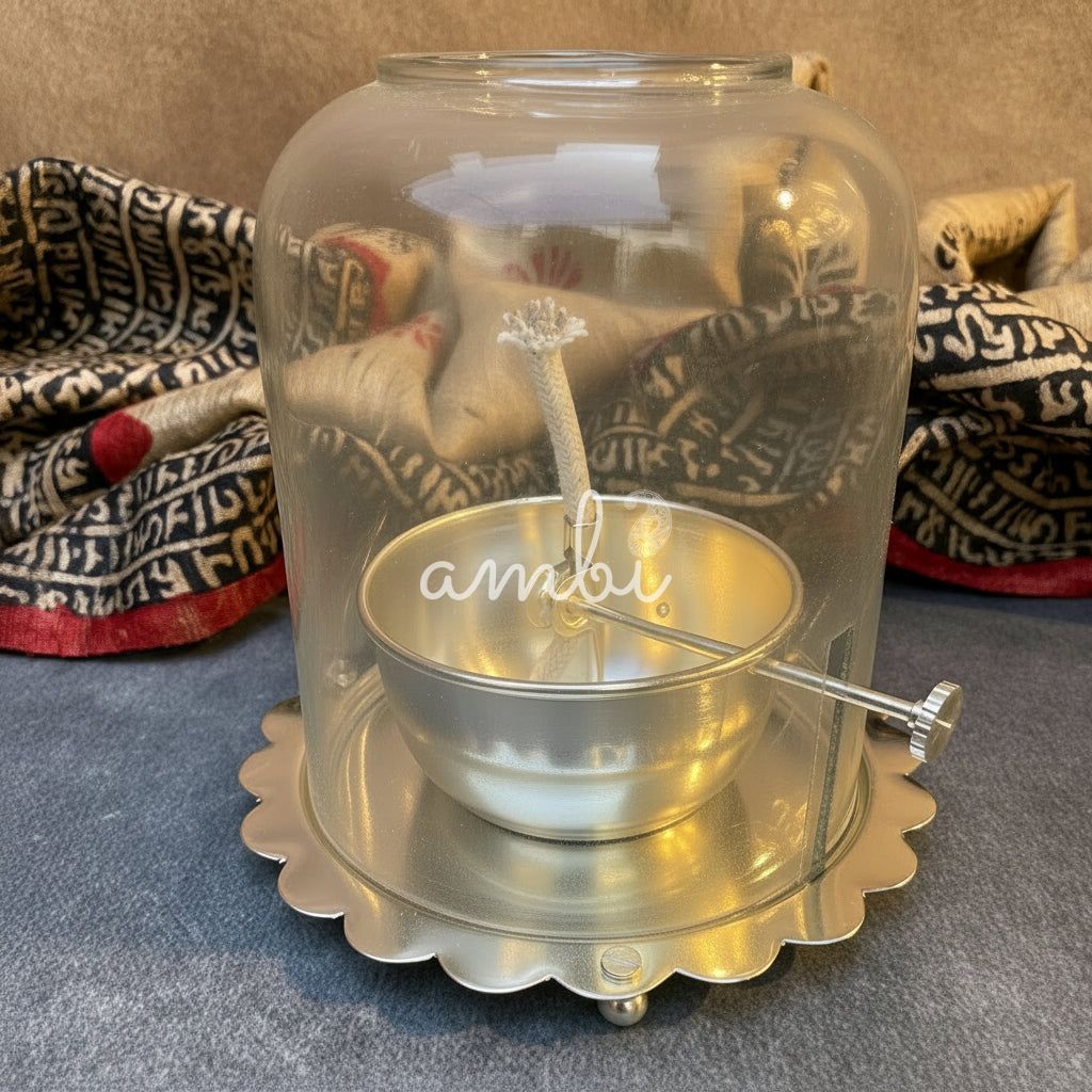 AMBI Sacred Flame Silver Plated Brass Diya with Glass Shield