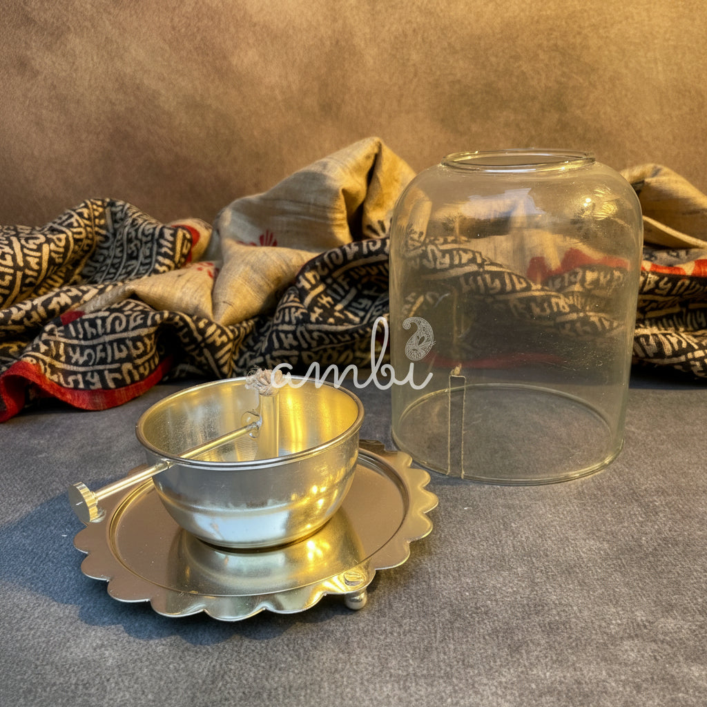 Ambi Akhand Jyot Silver Plated Brass Diya with Glass Shield
