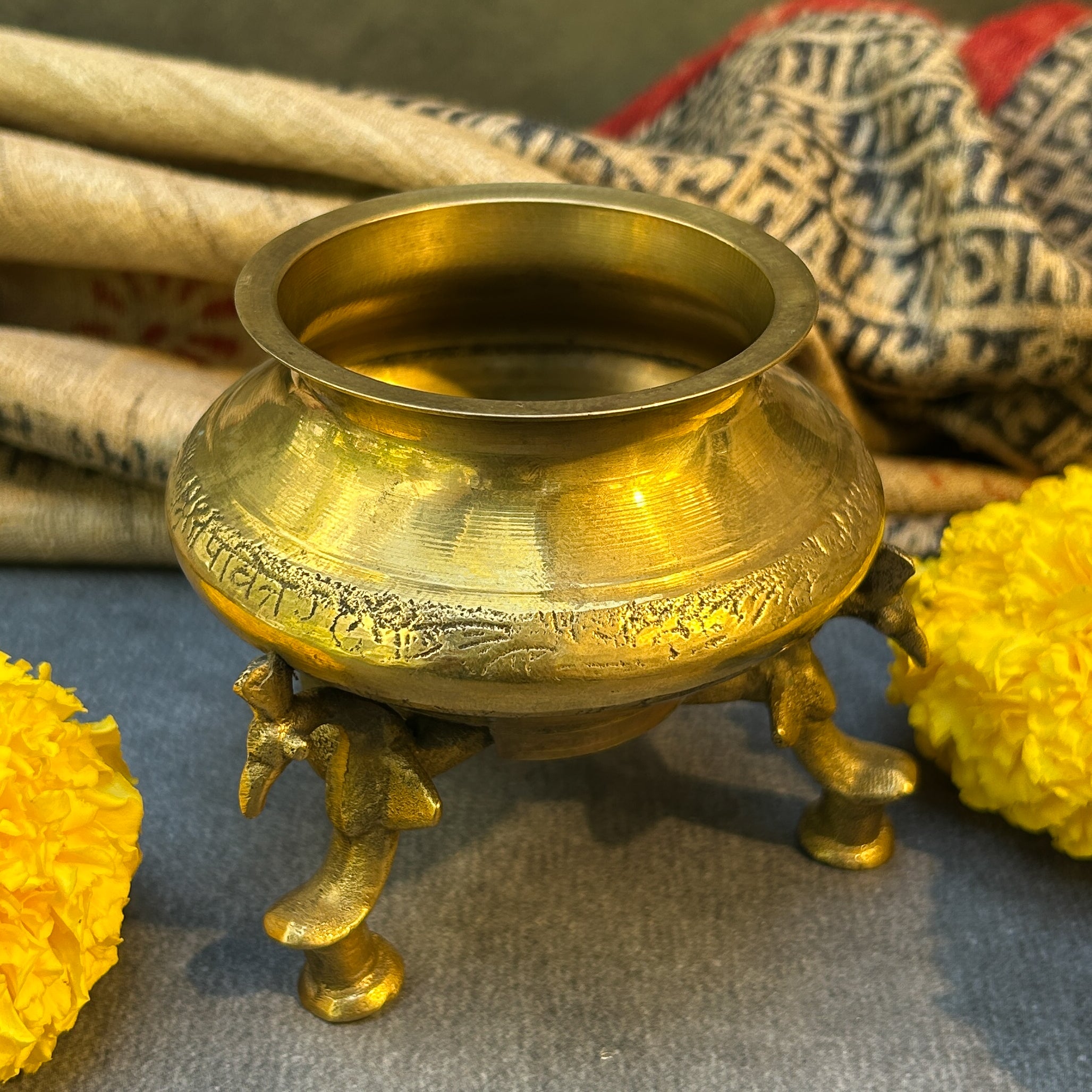 Ambi Vintage Hand-Hammered Brass Water Pot with Decorative Legs - Small