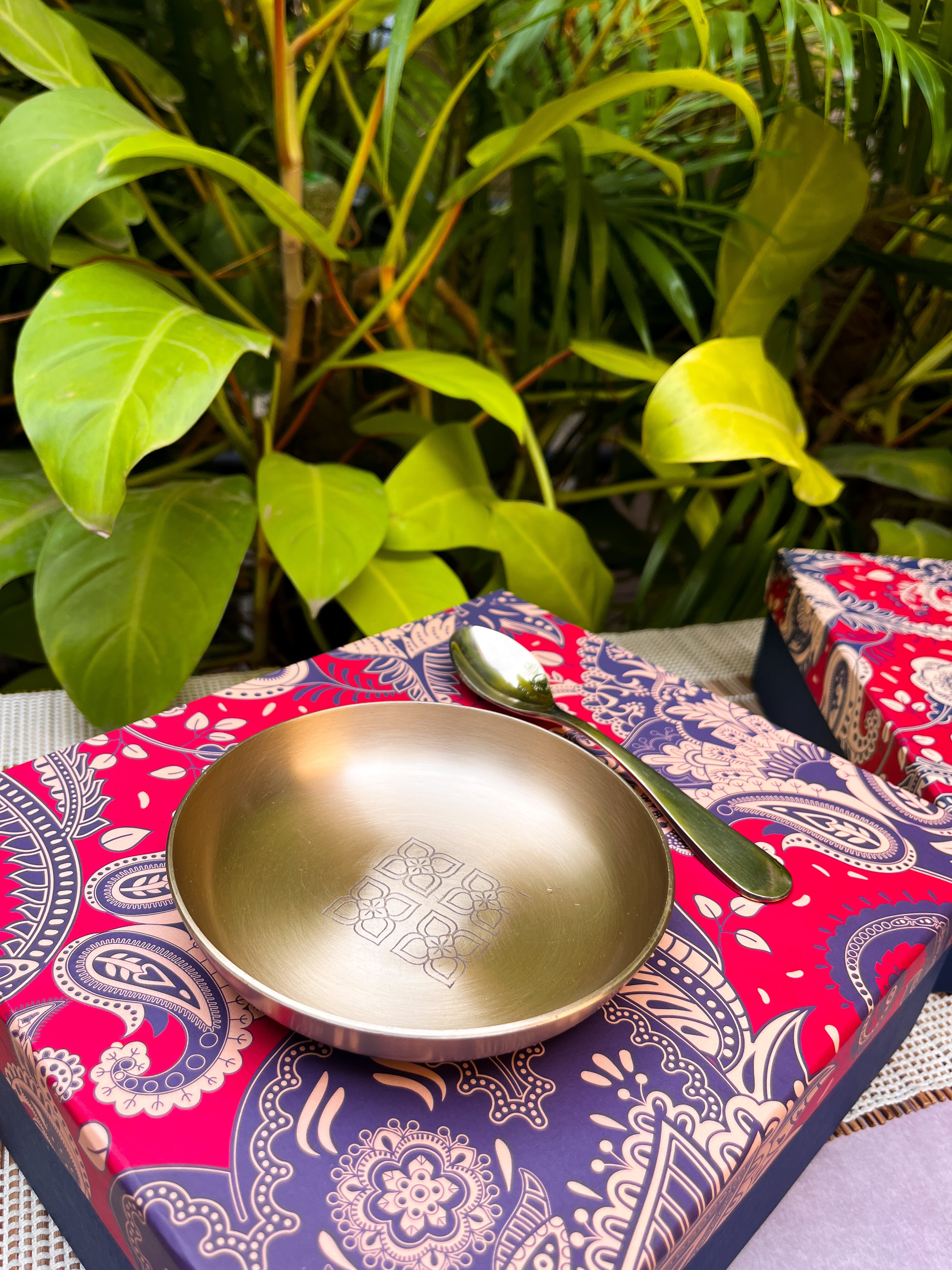 Gift Box - AMBI 100% Pure Lead Free Kansa Pattern Etched Small Plate & Spoon Set of 2/4/8