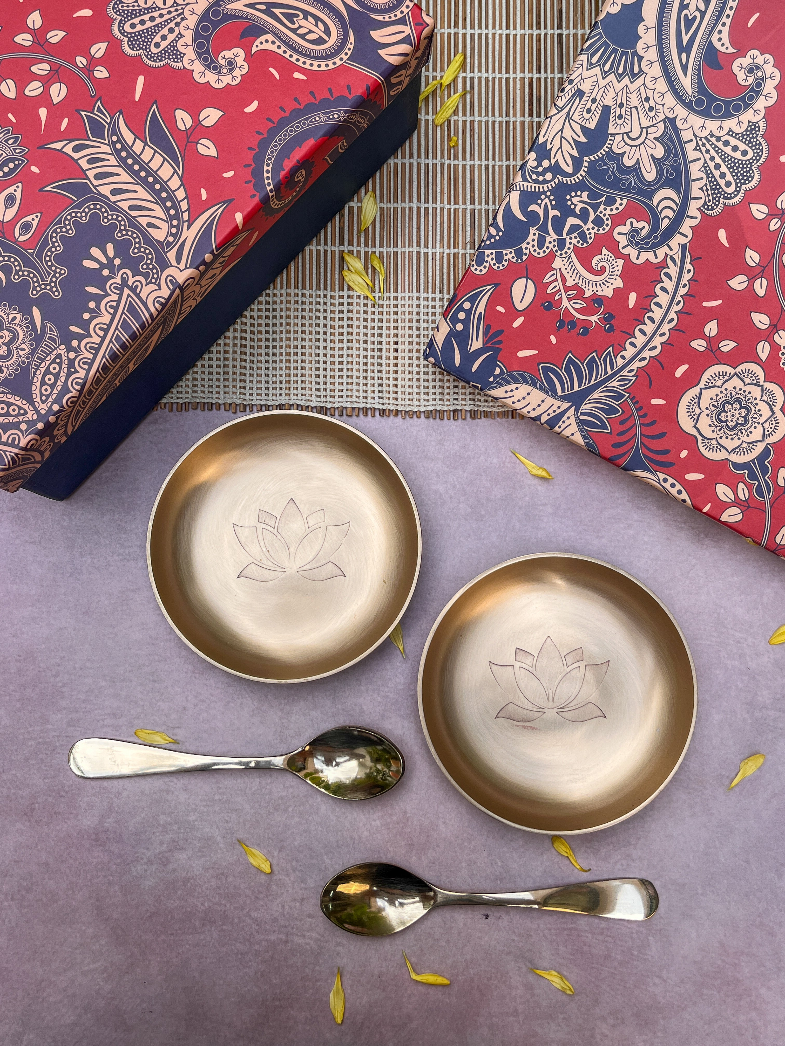 Gift Box - AMBI 100% Pure Lead Free Kansa Lotus Etched Small Plate & Spoon Set of 2/4/8