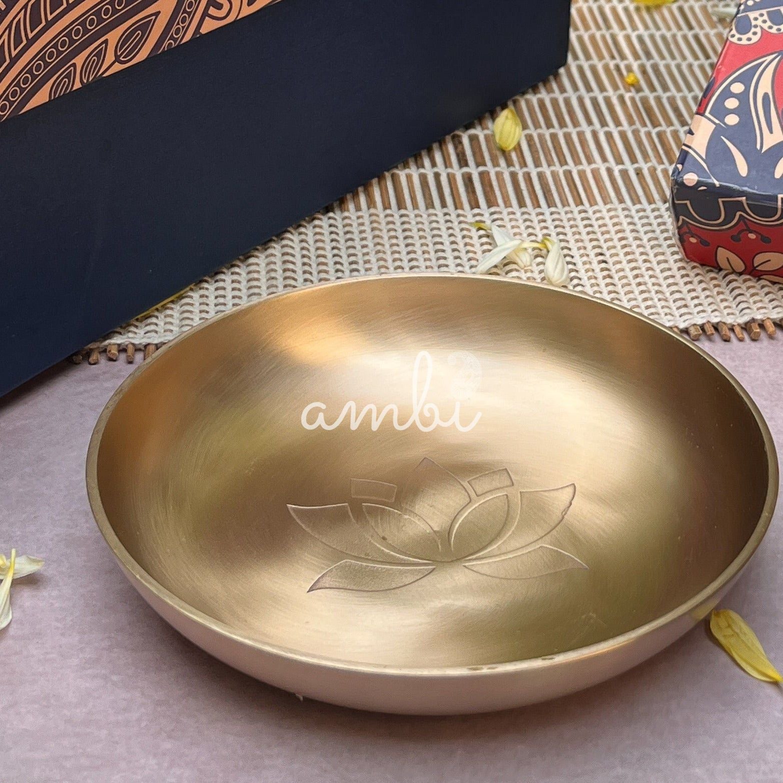 Gift Box - AMBI 100% Pure Lead Free Kansa Lotus Etched Small Plate & Spoon Set of 2/4/8