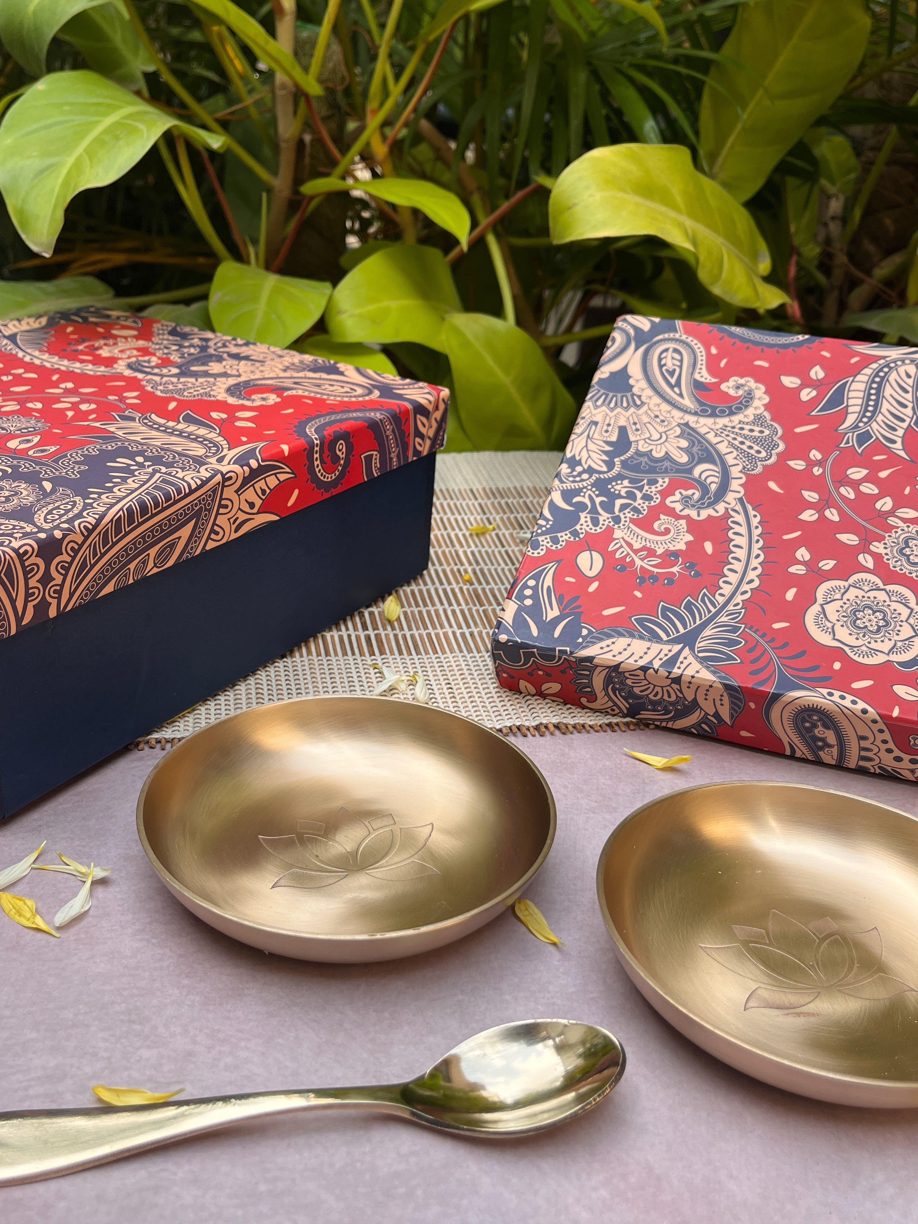 Gift Box - AMBI 100% Pure Lead Free Kansa Lotus Etched Small Plate & Spoon Set of 2/4/8