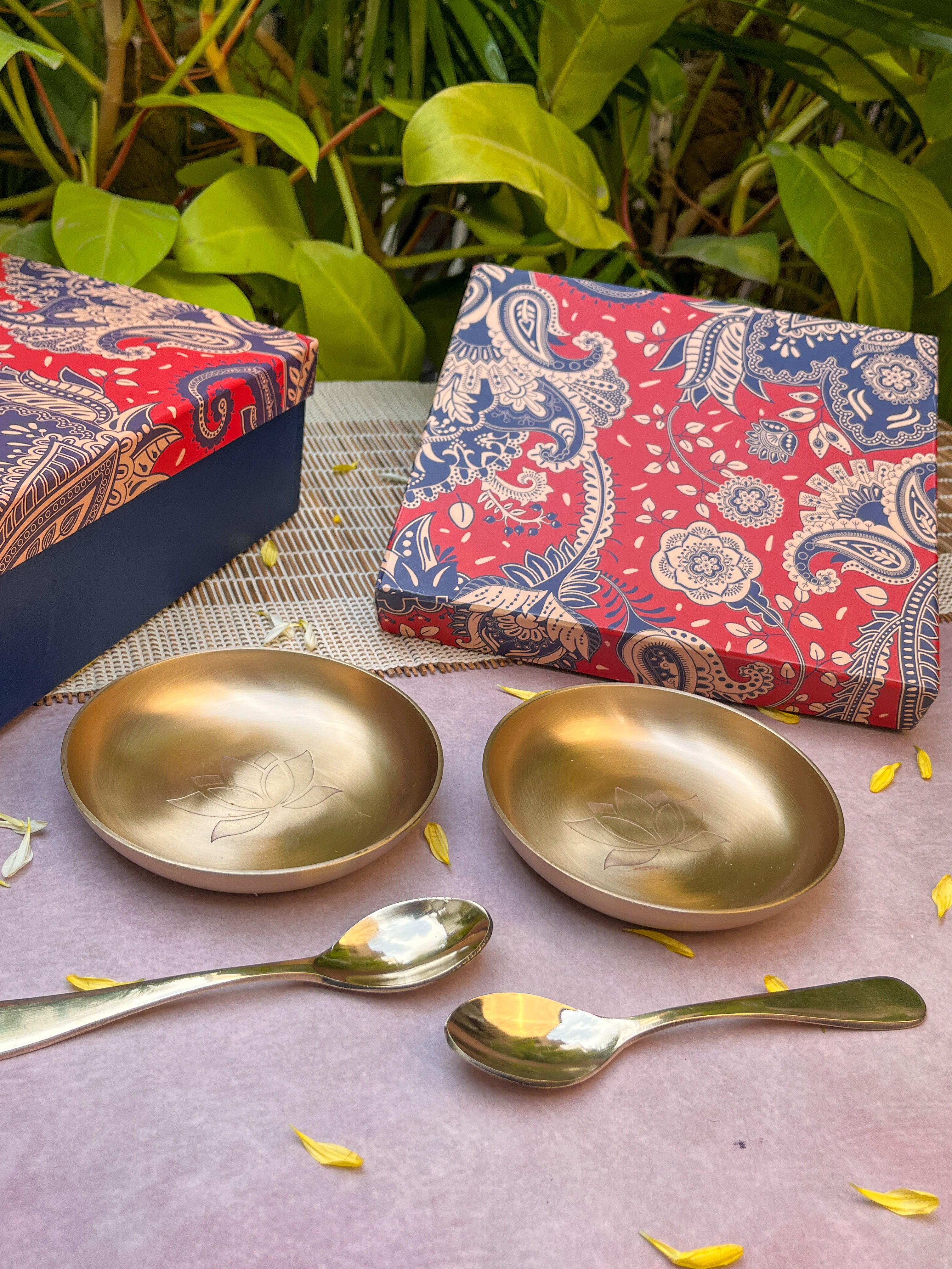 Gift Box - AMBI 100% Pure Lead Free Kansa Lotus Etched Small Plate & Spoon Set of 2/4/8