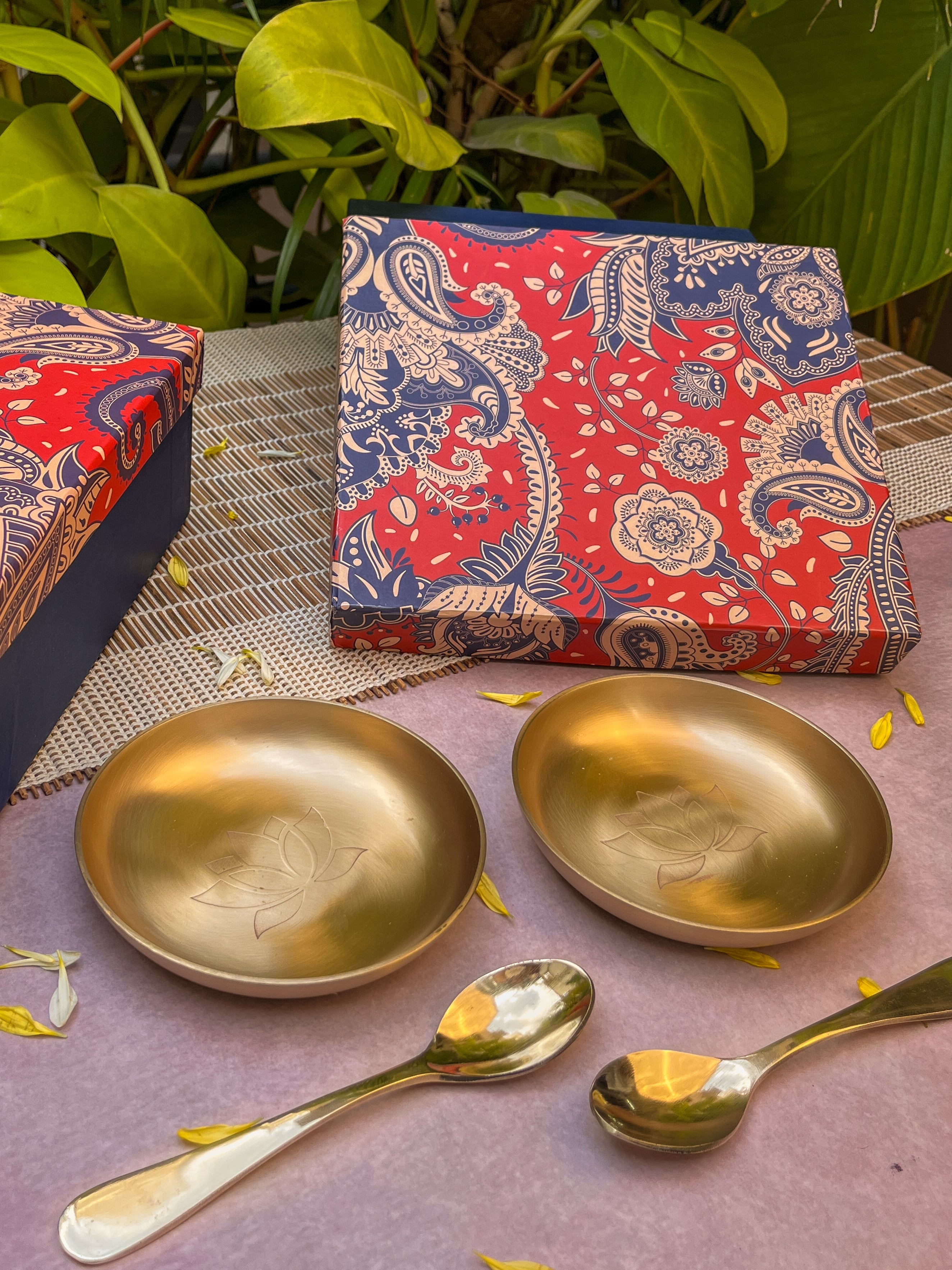 Gift Box - AMBI 100% Pure Lead Free Kansa Lotus Etched Small Plate & Spoon Set of 2/4/8