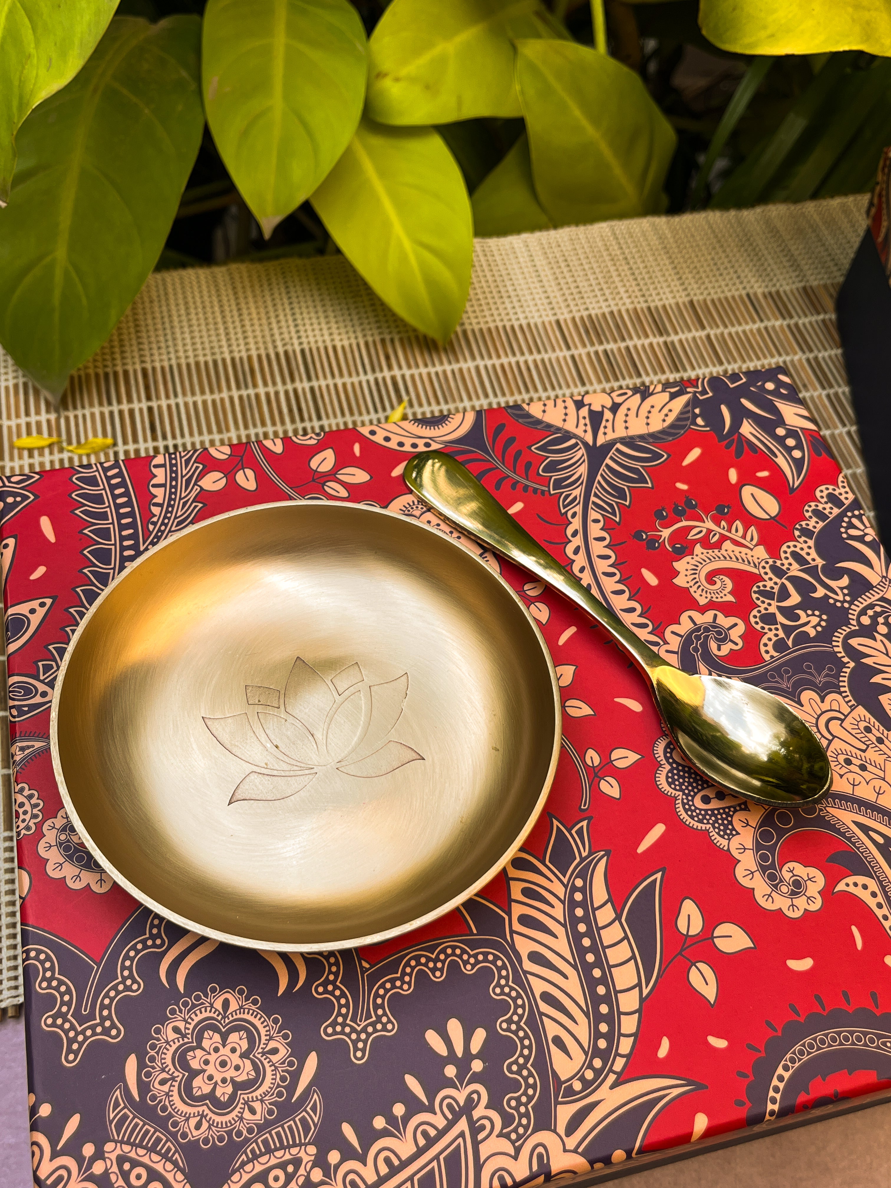 Gift Box - AMBI 100% Pure Lead Free Kansa Lotus Etched Small Plate & Spoon Set of 2/4/8