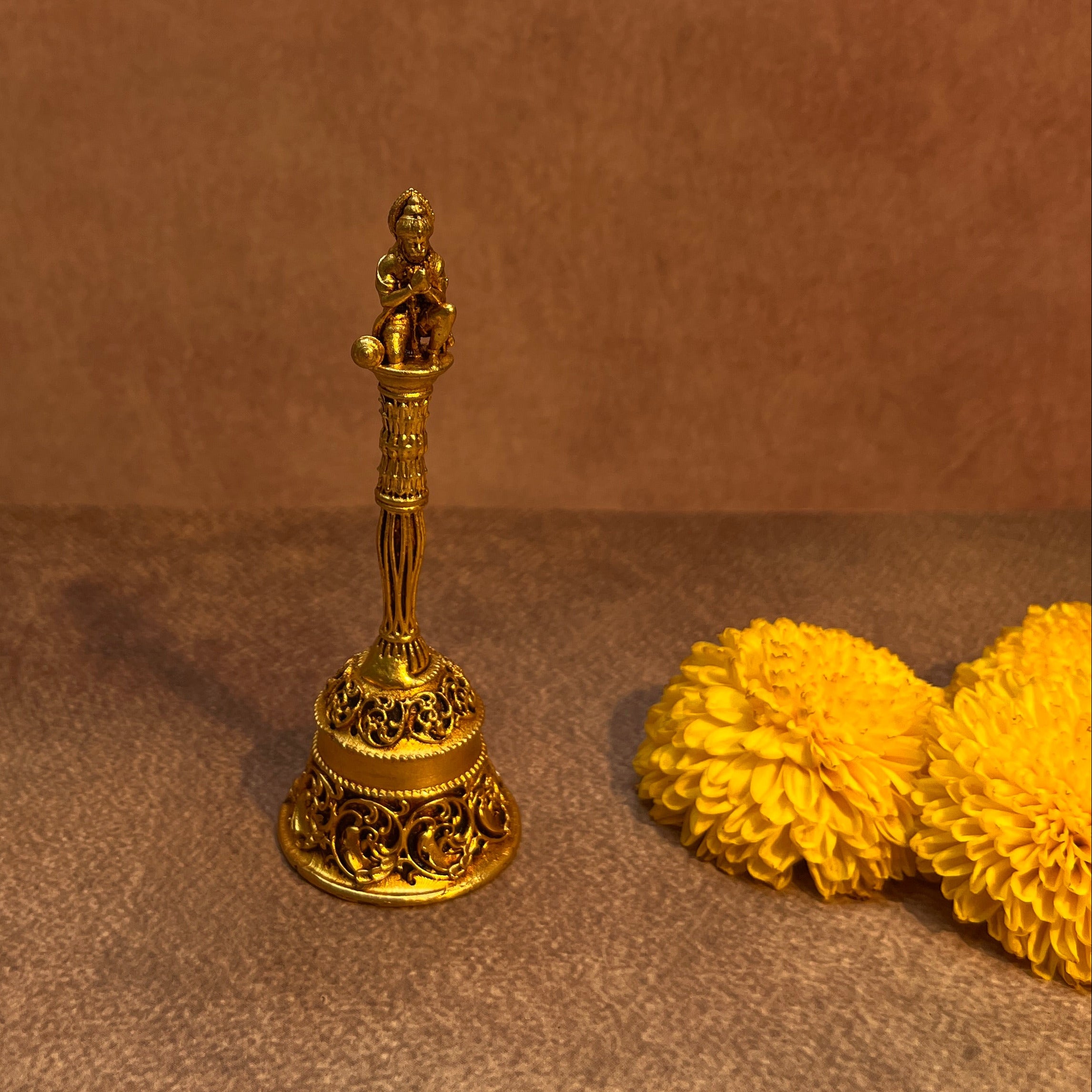 Ambi Pure Brass Hanuman Bell for Pooja & Aarti |Kneeling Hanuman Idol Handle & Gada|
