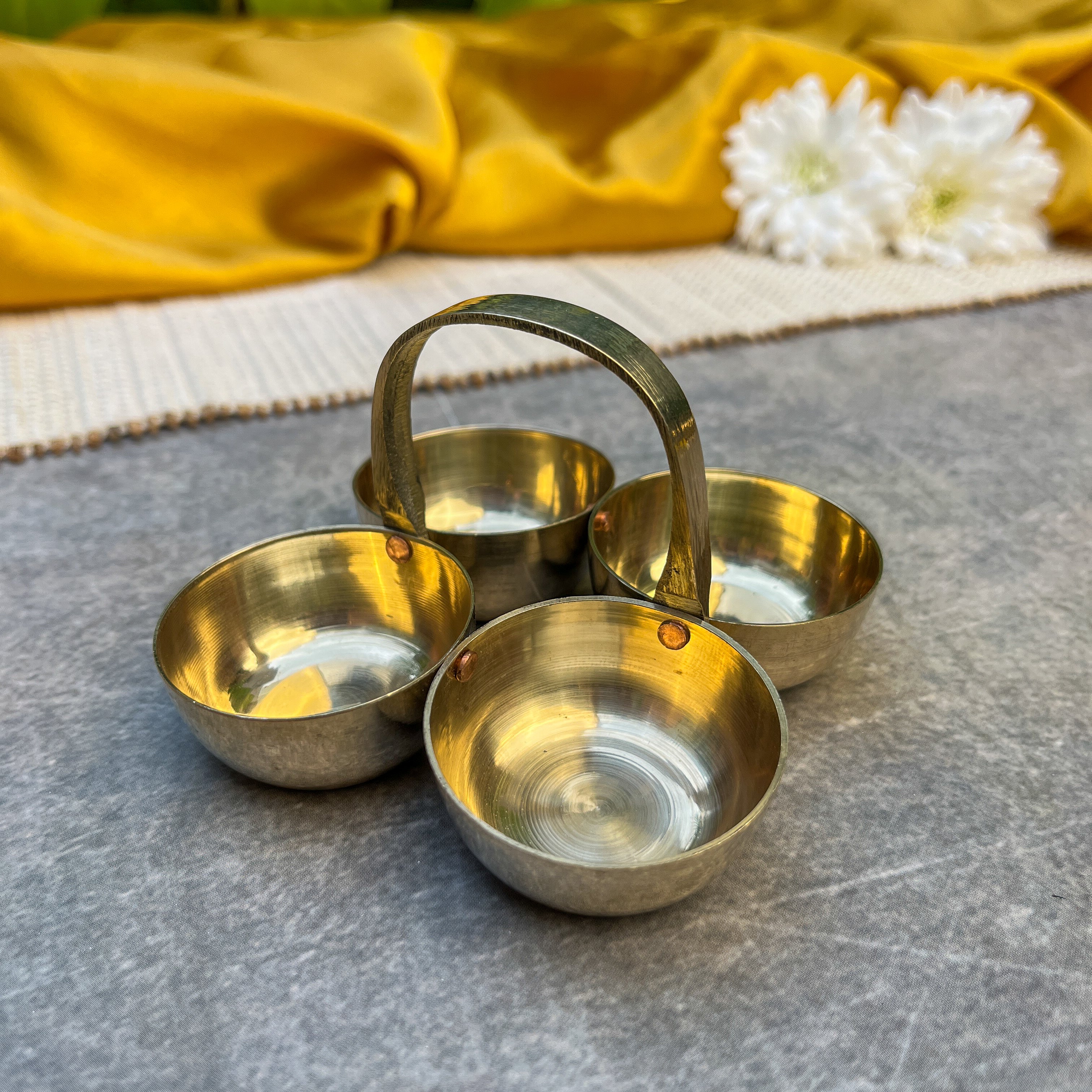 AMBI Brass Chowmukh Chawal, Roli, Haldi, Kumkum Holder for Pooja / Temple - Small
