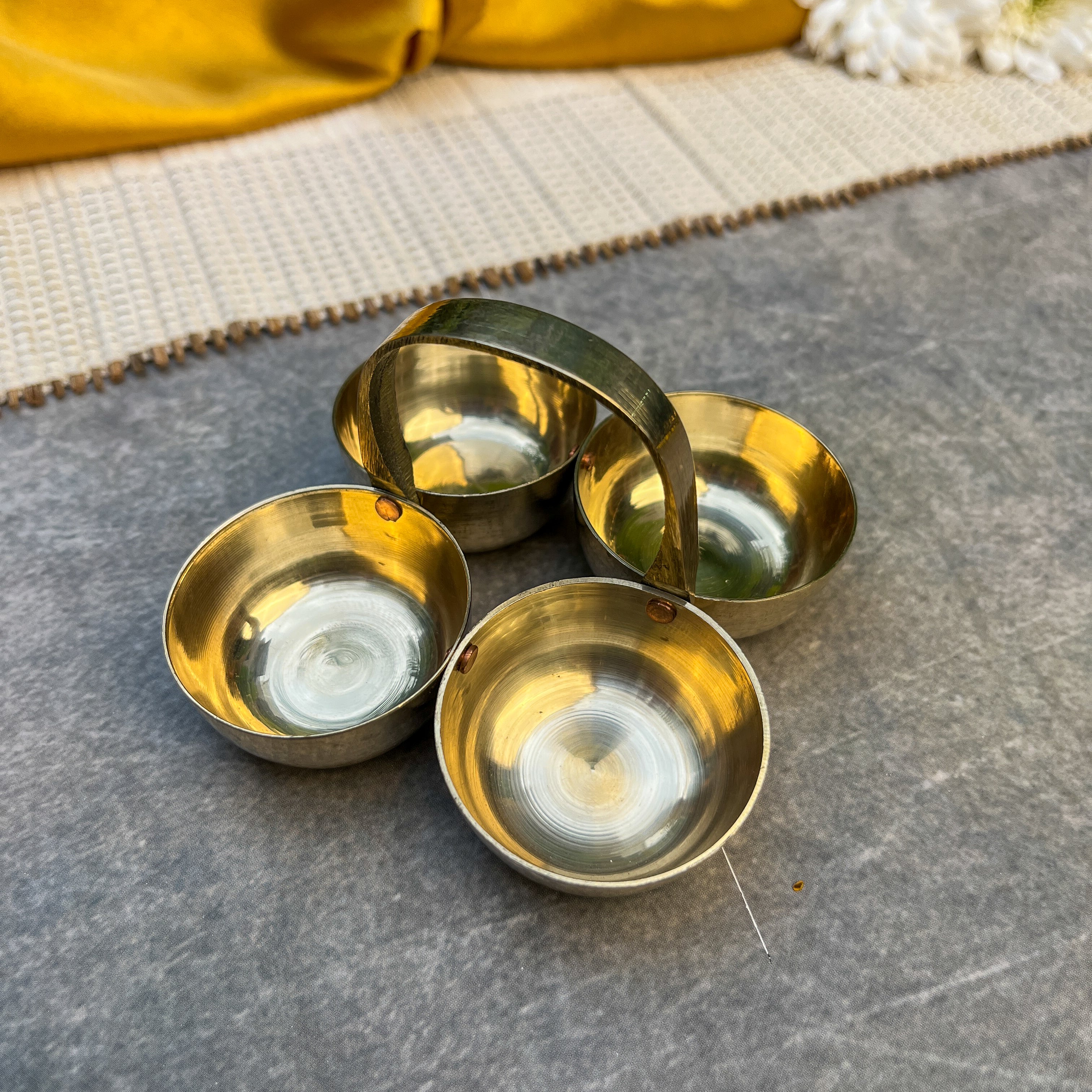 AMBI Brass Chowmukh Chawal, Roli, Haldi, Kumkum Holder for Pooja / Temple - Small