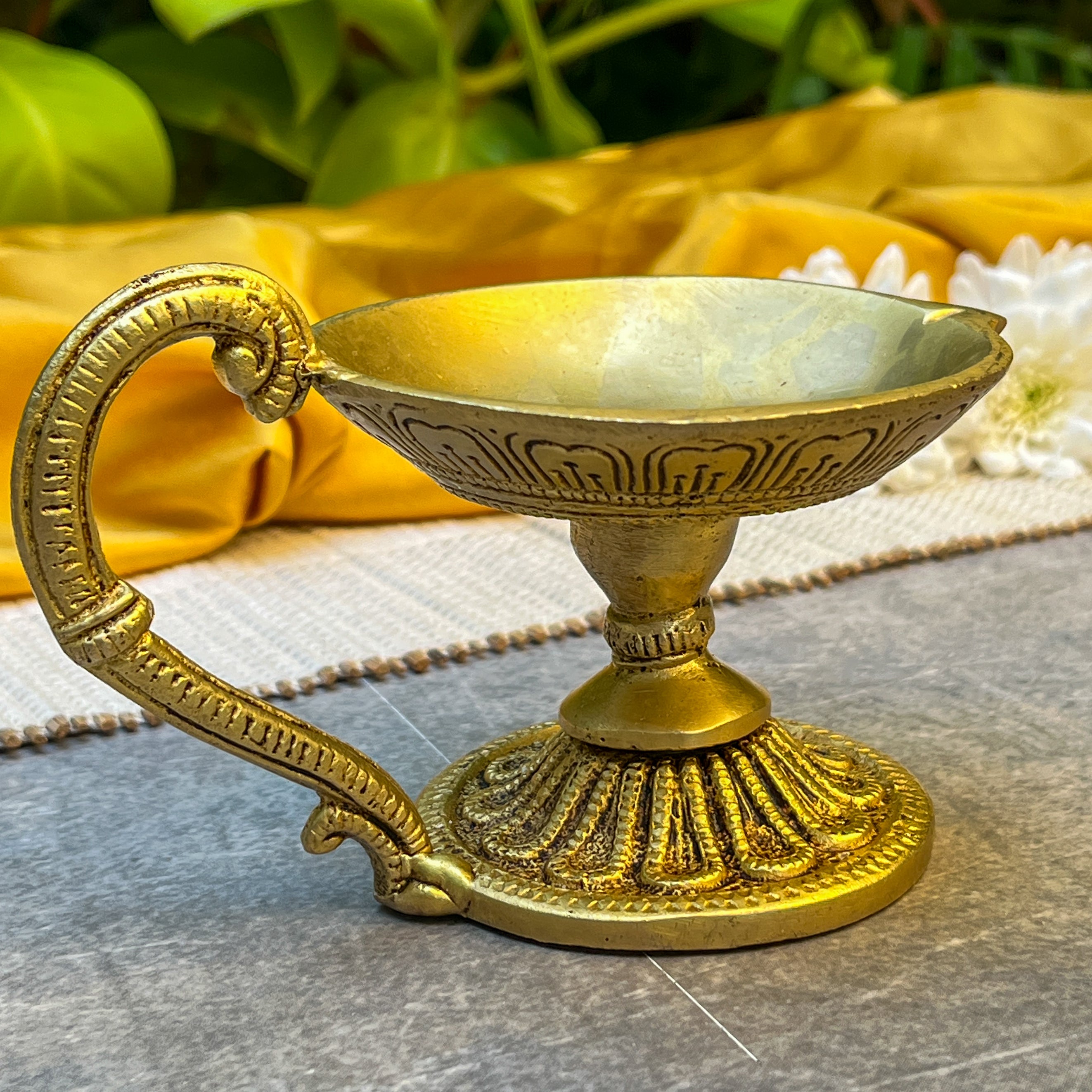 Pure Brass Antique Look Dhoop Puja Aarti Diya with Handle - Heavy Make