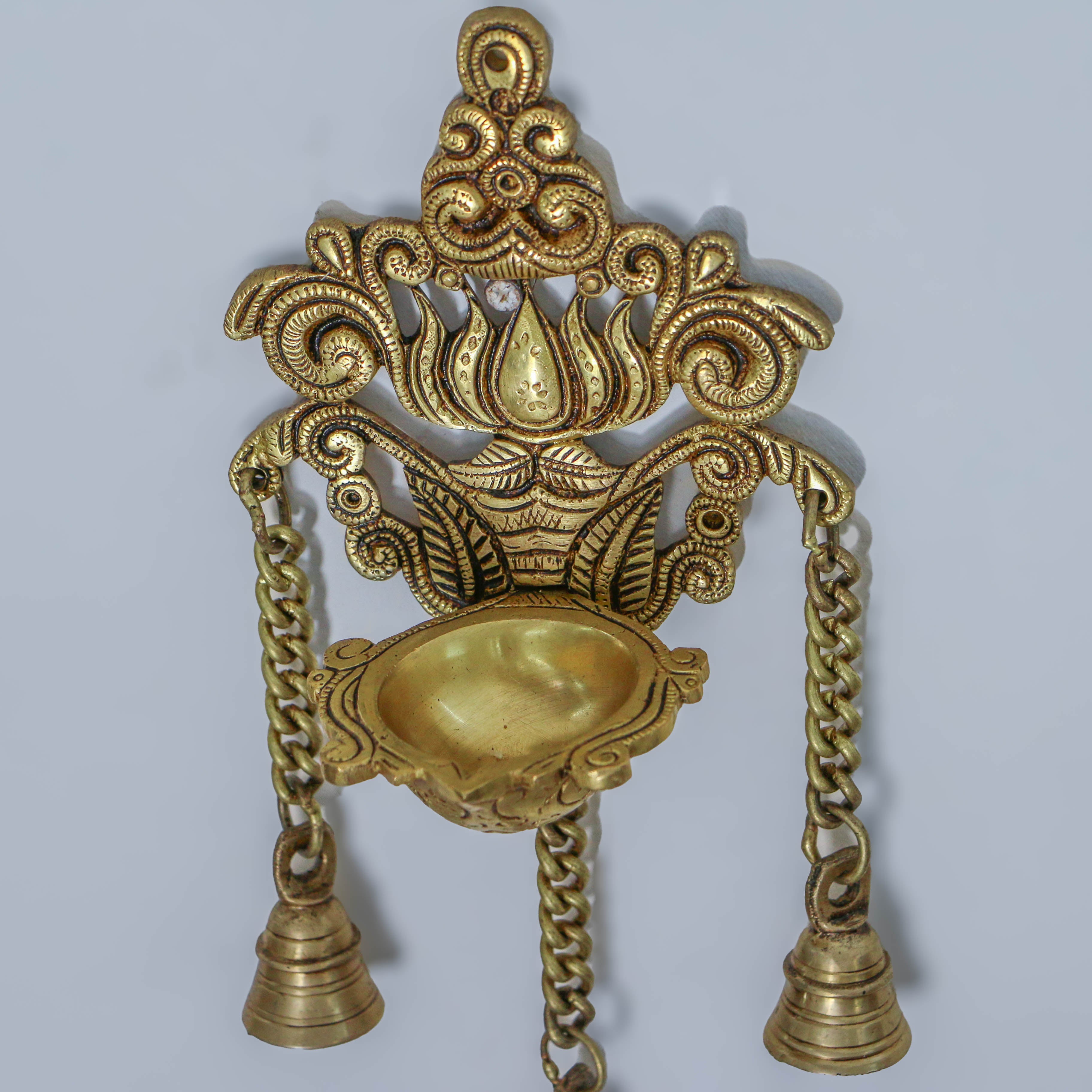 Pure Brass Antique Style Hanging Diya with Bells