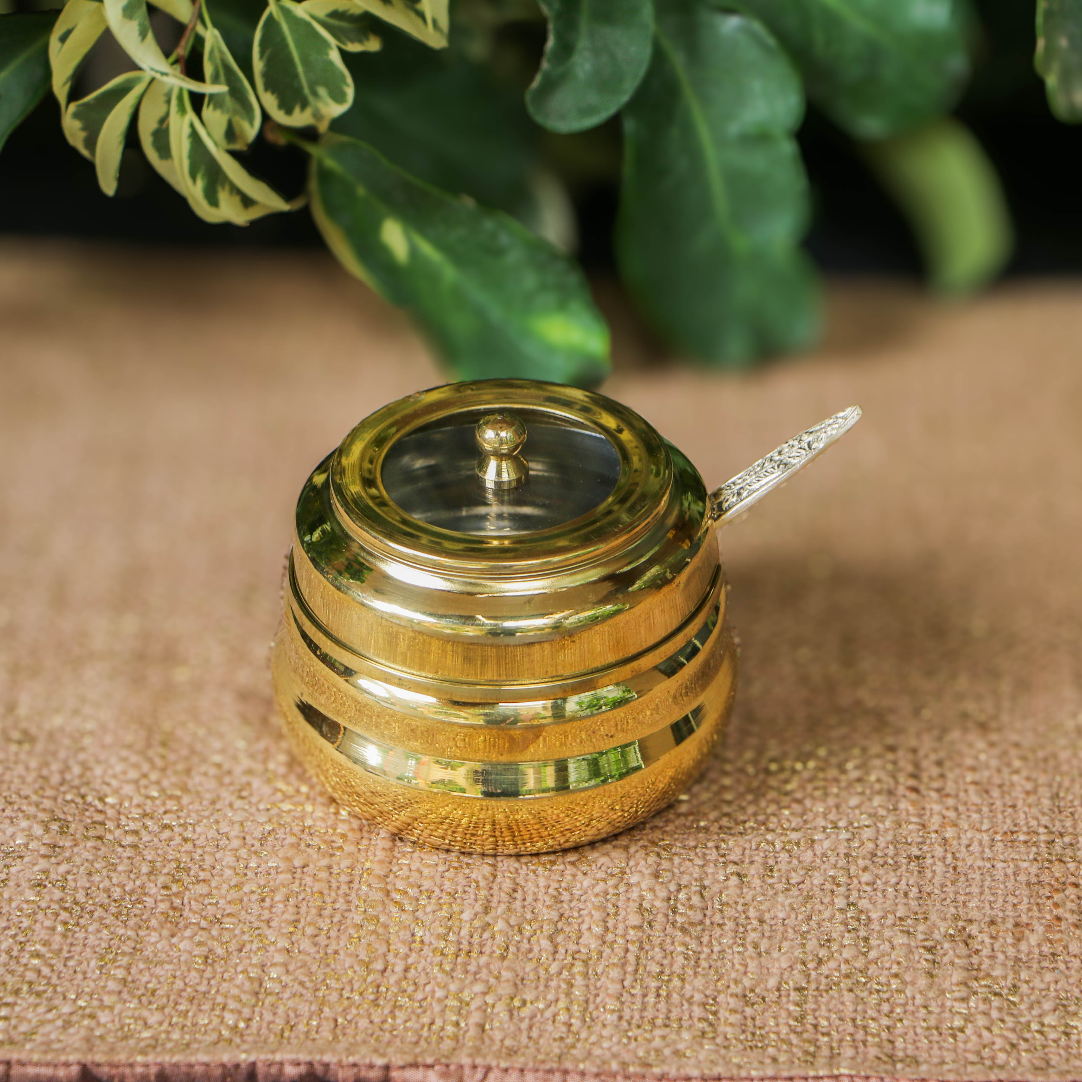 Pure Brass Ghee Pot With Spoon - Transparent Top with Protective Tin Coating 'Kalai' on the inside