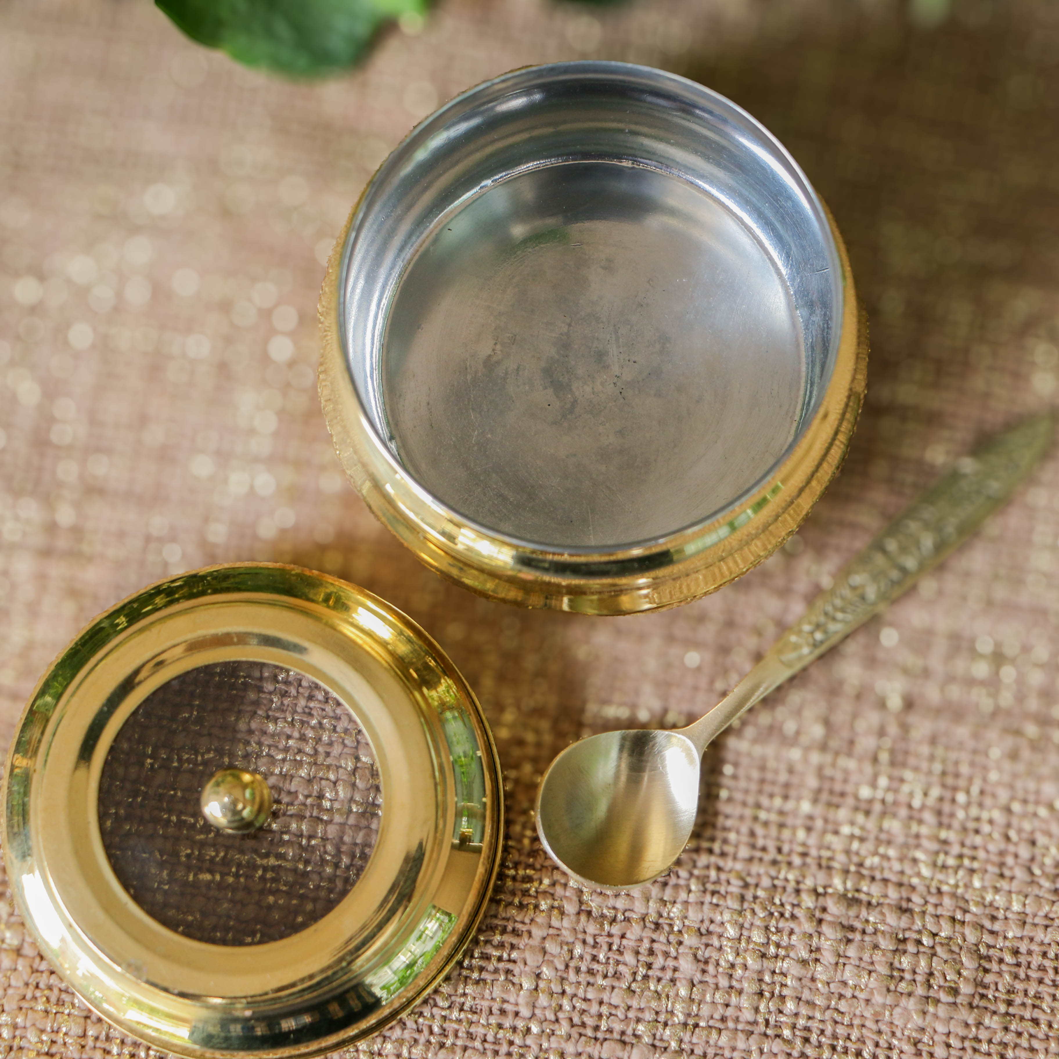 Pure Brass Ghee Pot With Spoon - Transparent Top with Protective Tin Coating 'Kalai' on the inside