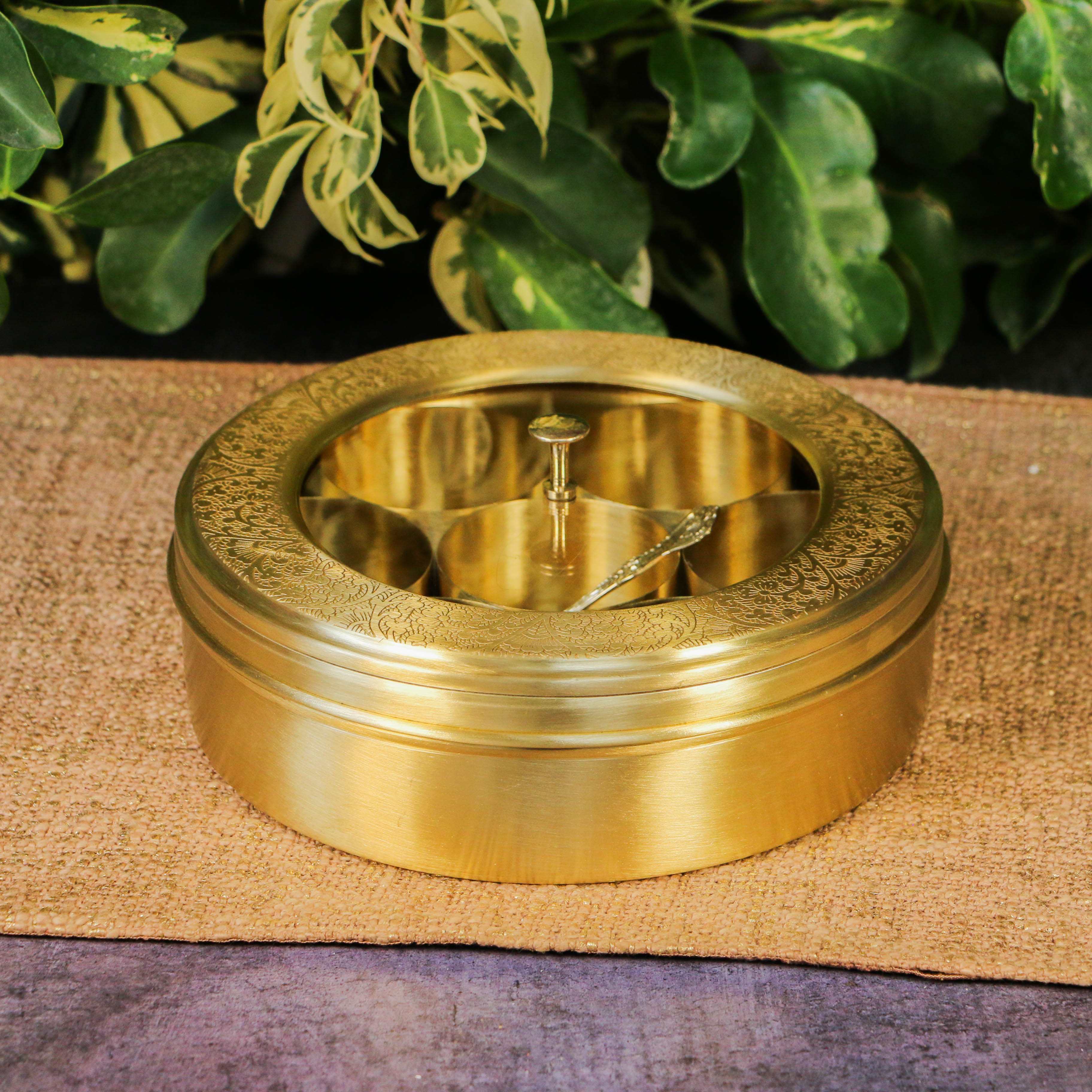 Finely Etched Full Brass Transparent Top 7 Container Spice Box - 8 Inches Diameter