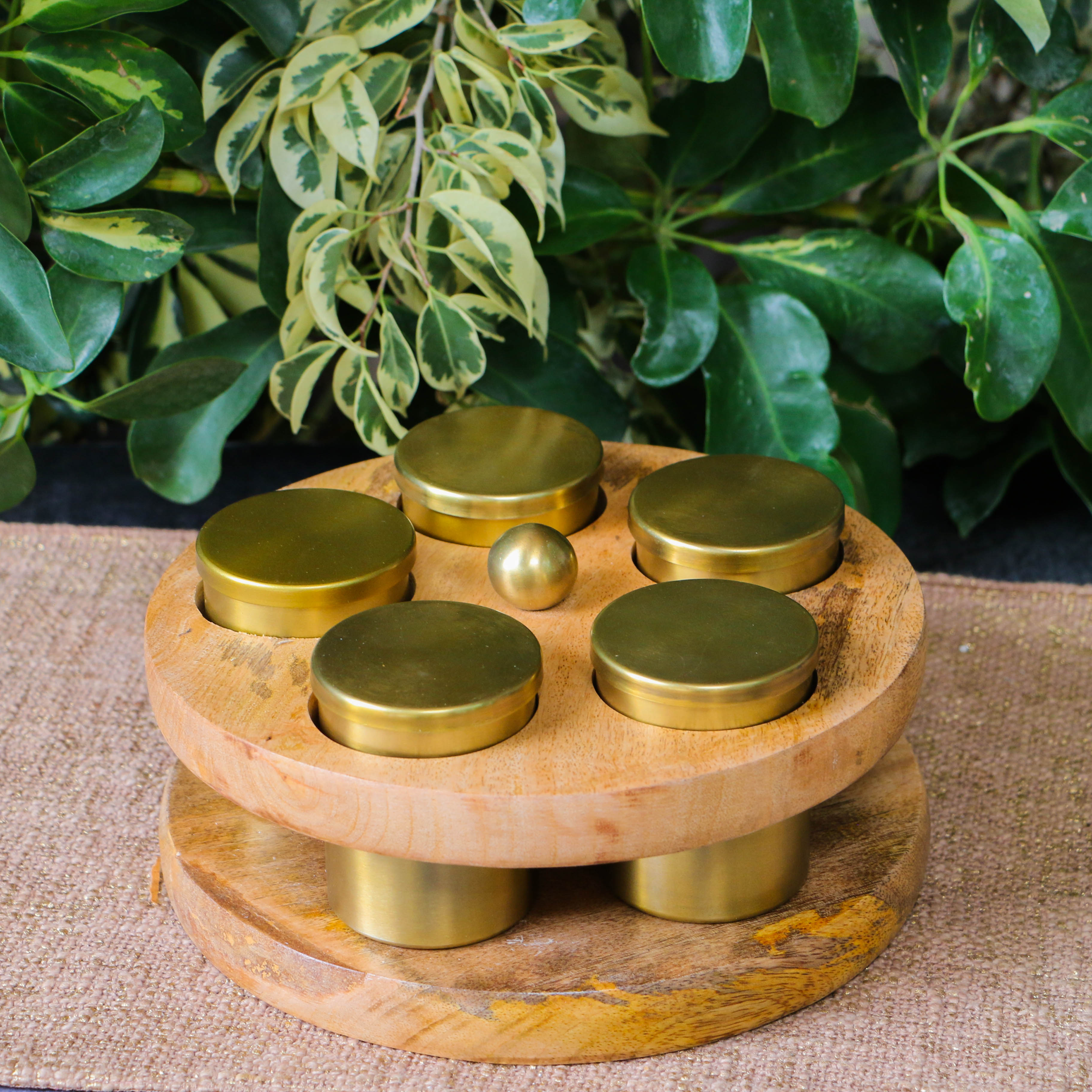 Classic Charm Pure Brass and Wood Spice Box Masala Daani with 5 Spice Containers