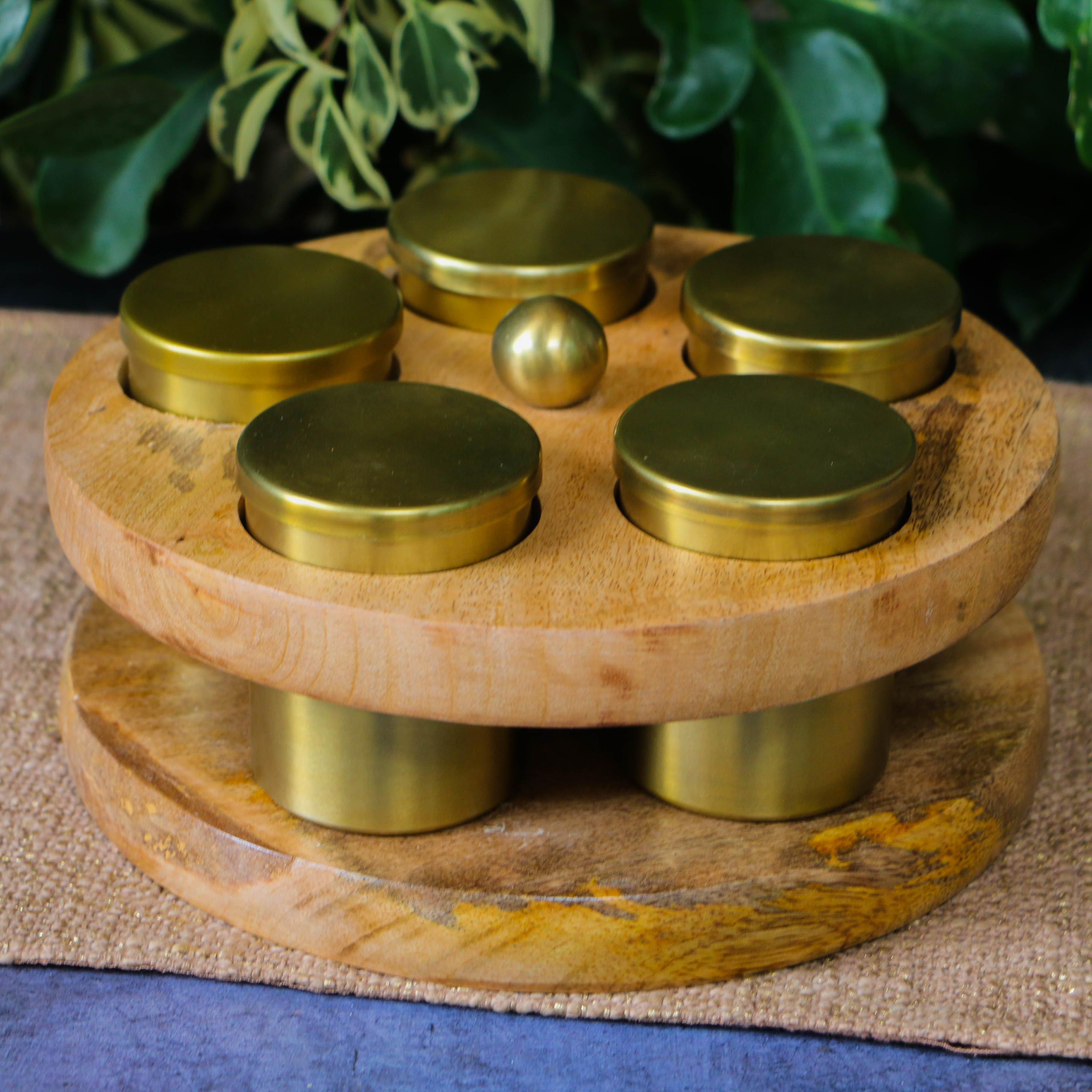 Classic Charm Pure Brass and Wood Spice Box Masala Daani with 5 Spice Containers