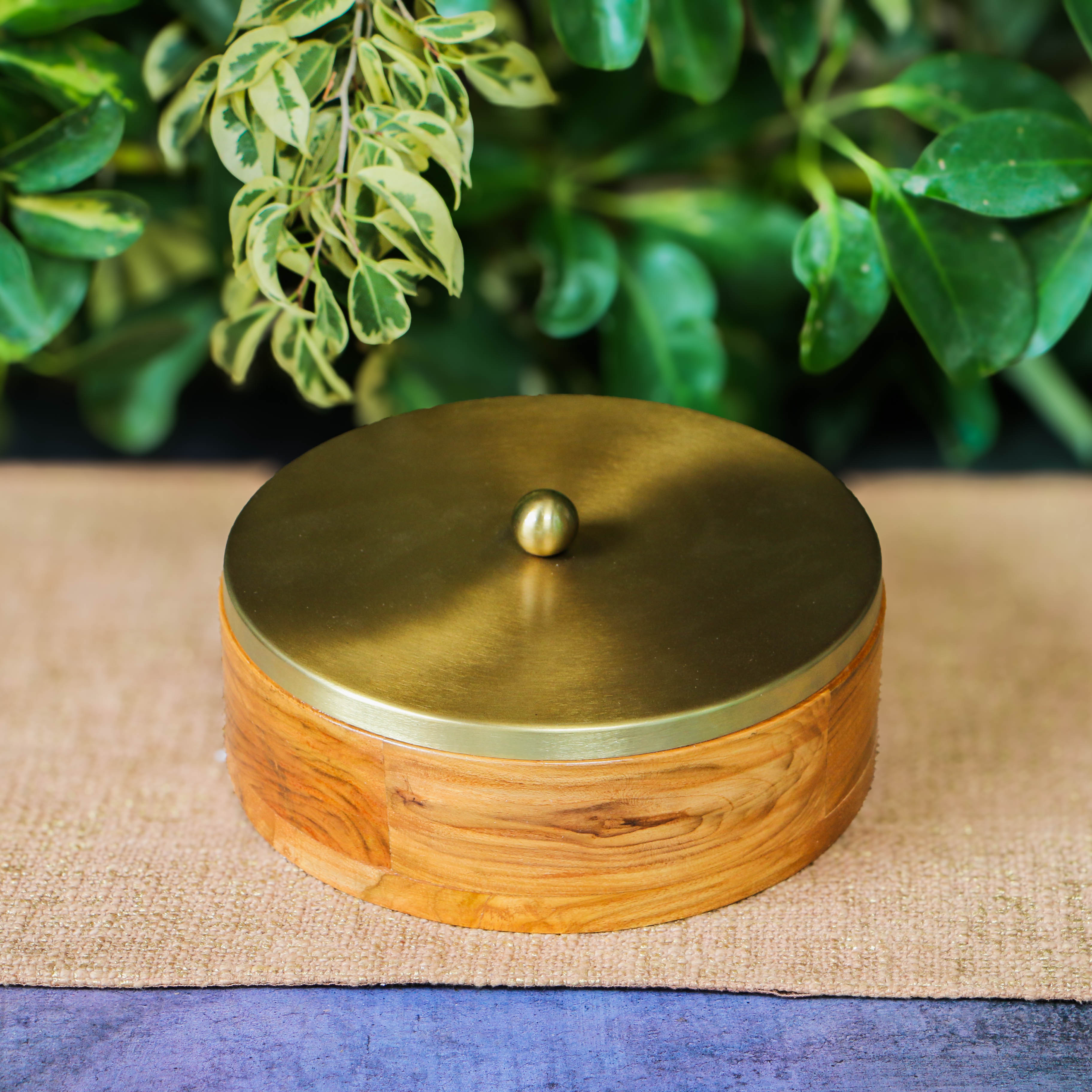 Elegant Simplistic Wood Brass Roti Box - Modern Design - 9 Inches Diameter