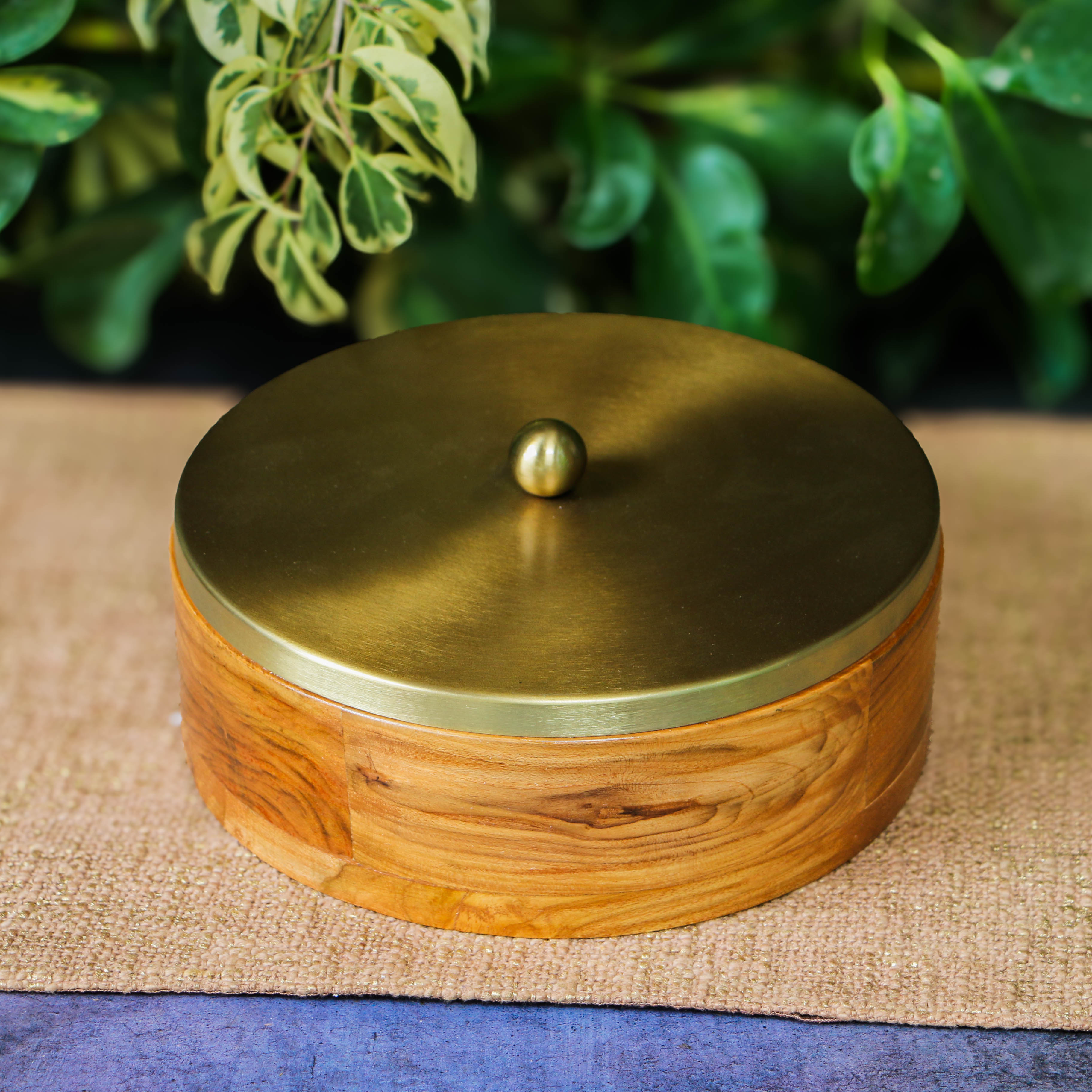 Elegant Simplistic Wood Brass Roti Box - Modern Design - 9 Inches Diameter