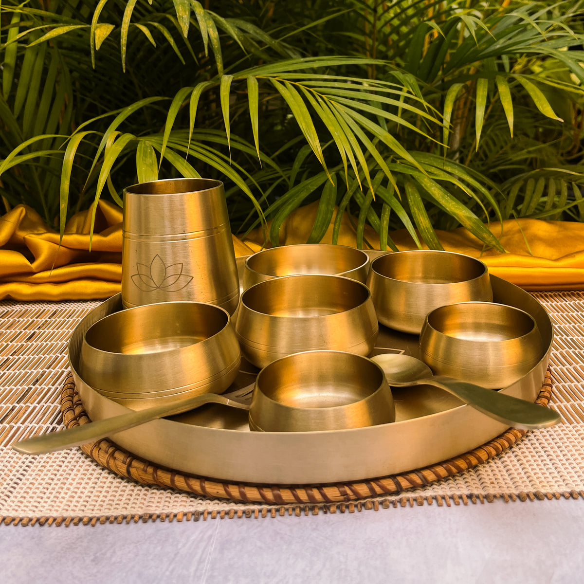 AMBI Curved Kansa Thali Set with Laser Cut Lotus Design - Matt Finish - Heavy Grade (Set of 10 Pieces)
