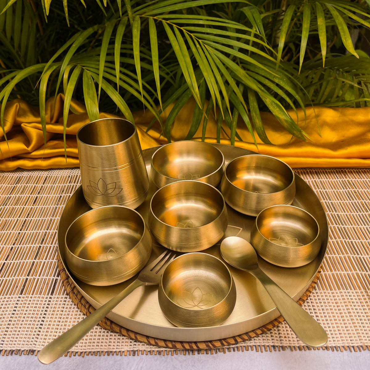 AMBI Curved Kansa Thali Set with Laser Cut Lotus Design - Matt Finish - Heavy Grade (Set of 10 Pieces)