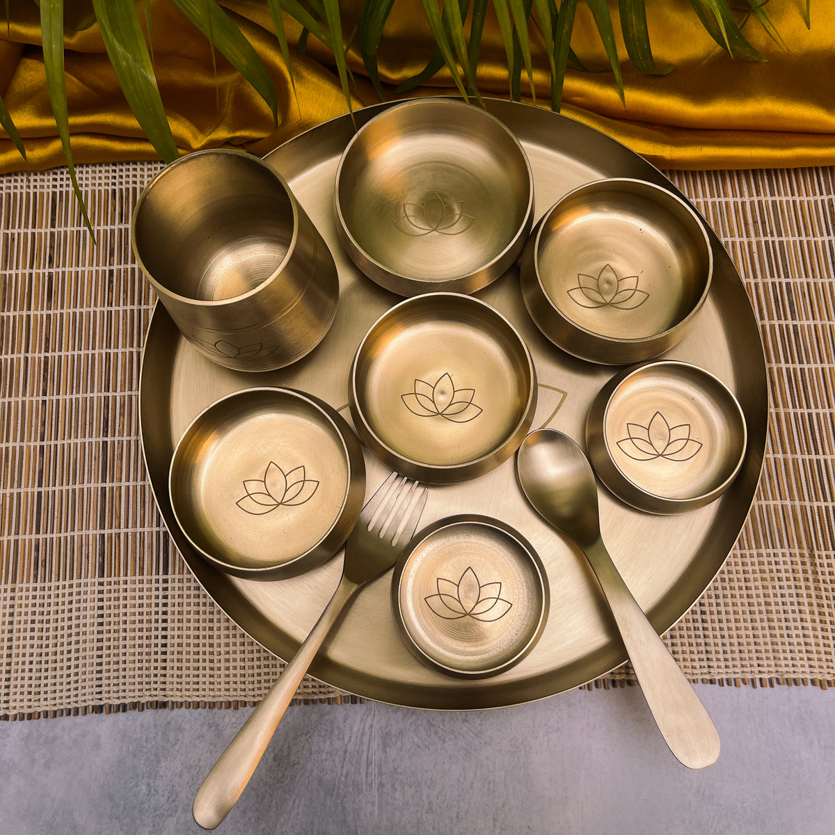 AMBI Curved Kansa Thali Set with Laser Cut Lotus Design - Matt Finish - Heavy Grade (Set of 10 Pieces)