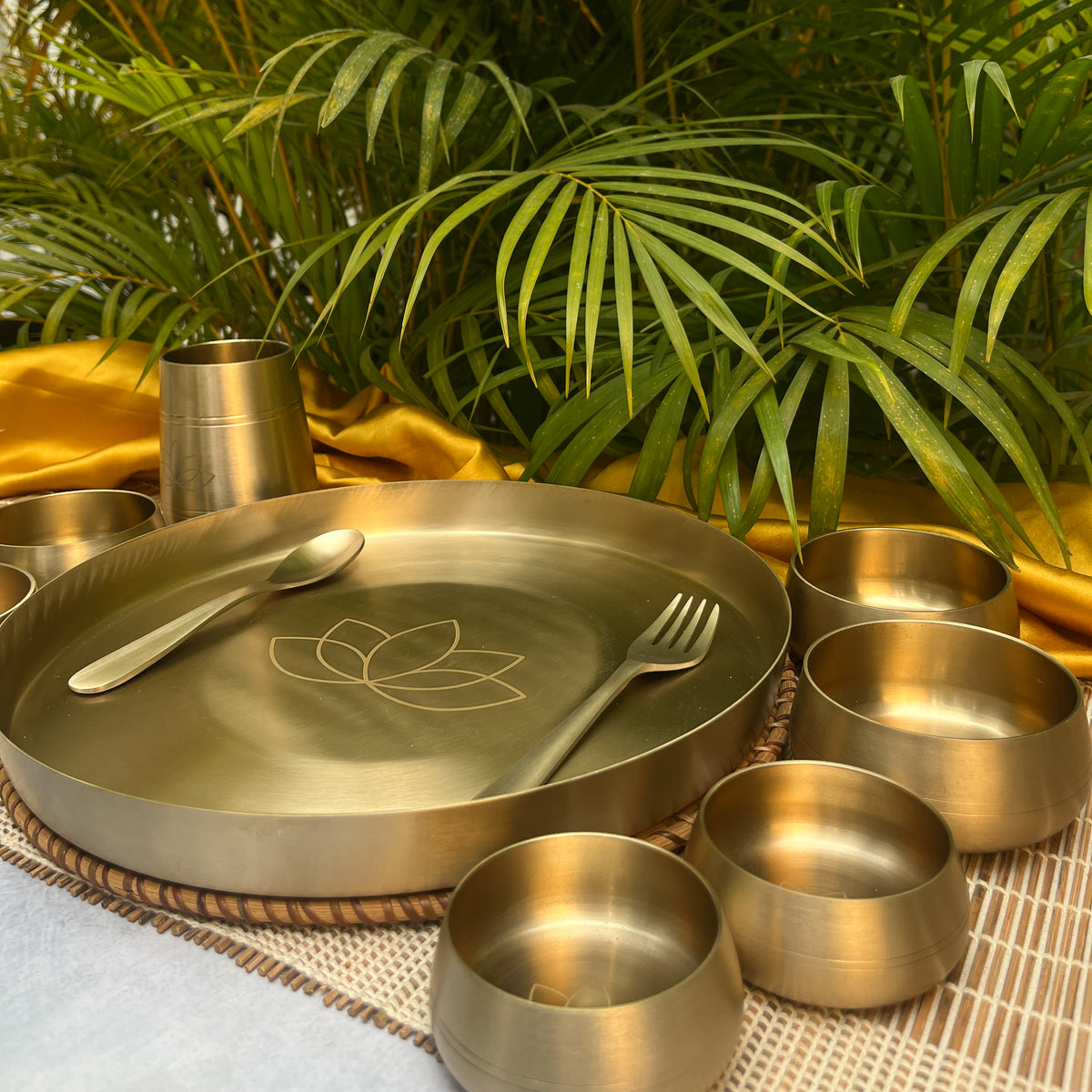 AMBI Curved Kansa Thali Set with Laser Cut Lotus Design - Matt Finish - Heavy Grade (Set of 10 Pieces)