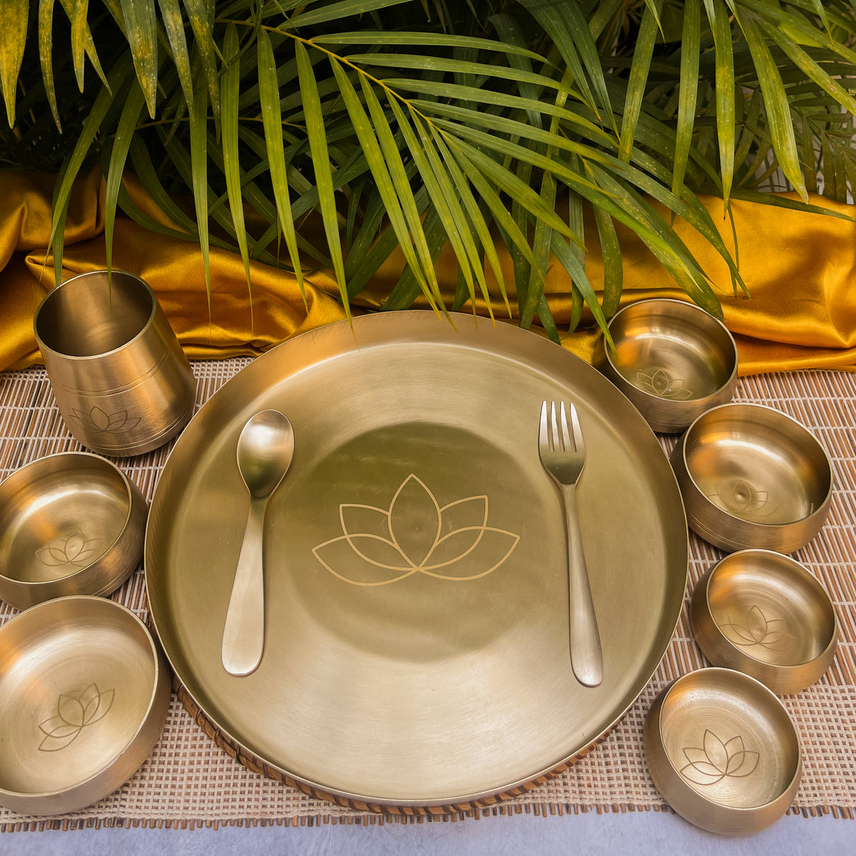 AMBI Curved Kansa Thali Set with Laser Cut Lotus Design - Matt Finish - Heavy Grade (Set of 10 Pieces)