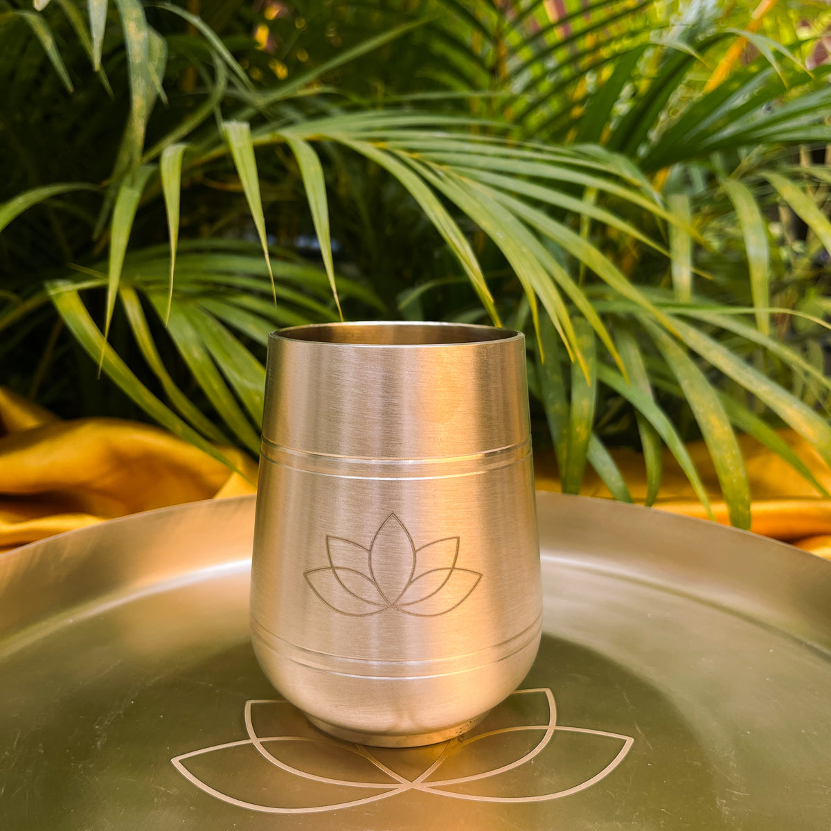 AMBI Curved Kansa Thali Set with Laser Cut Lotus Design - Matt Finish - Heavy Grade (Set of 10 Pieces)