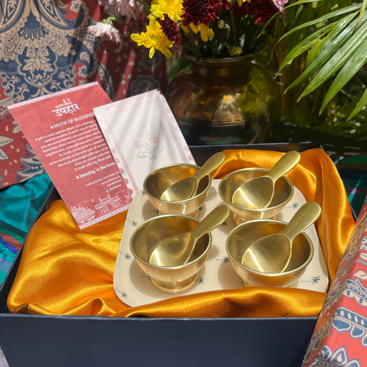 Ambi Pure Brass Dessert Platter with Bowl and Spoon | Premium Gift Set of 4