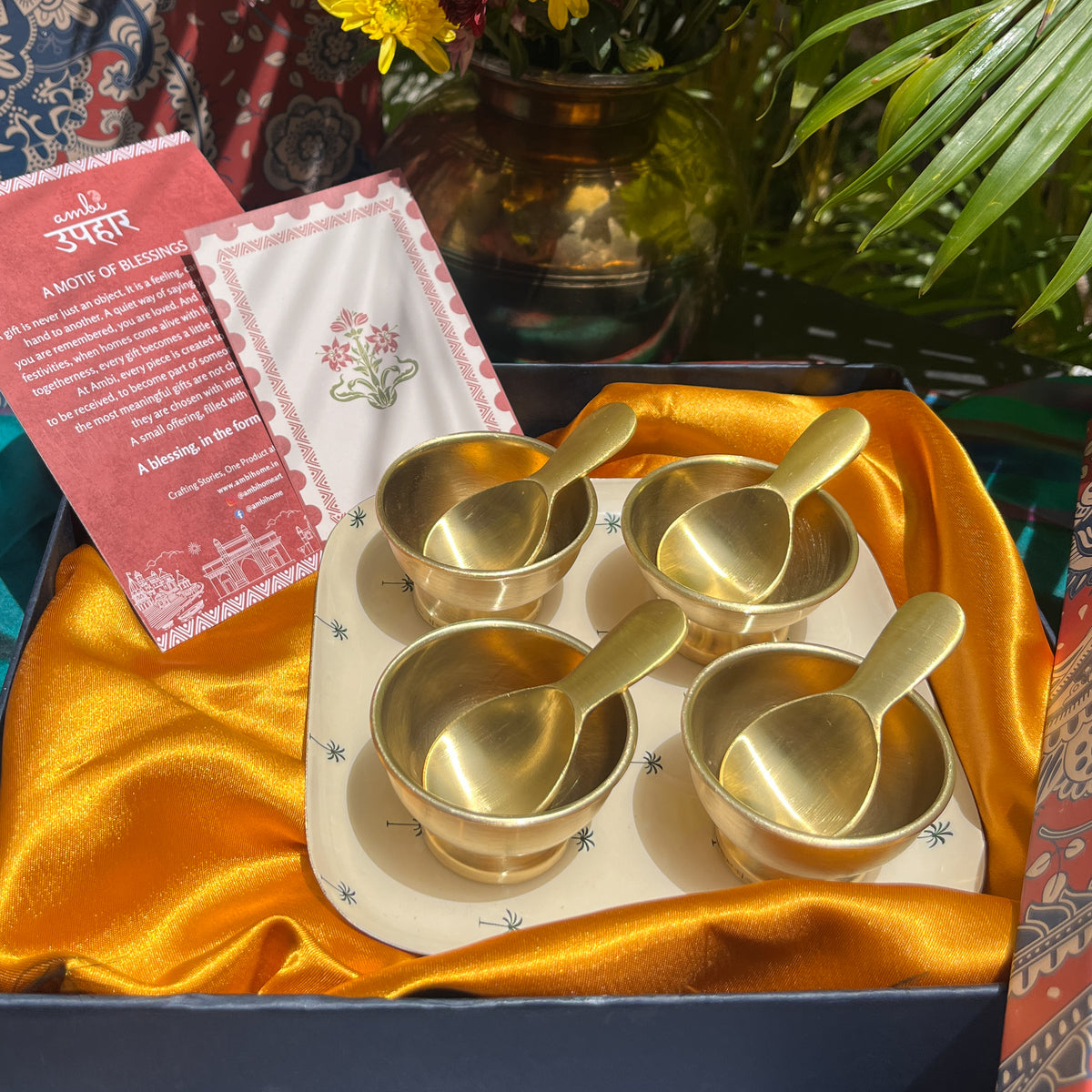 Ambi Pure Brass Dessert Platter with Bowl and Spoon | Premium Gift Set of 4
