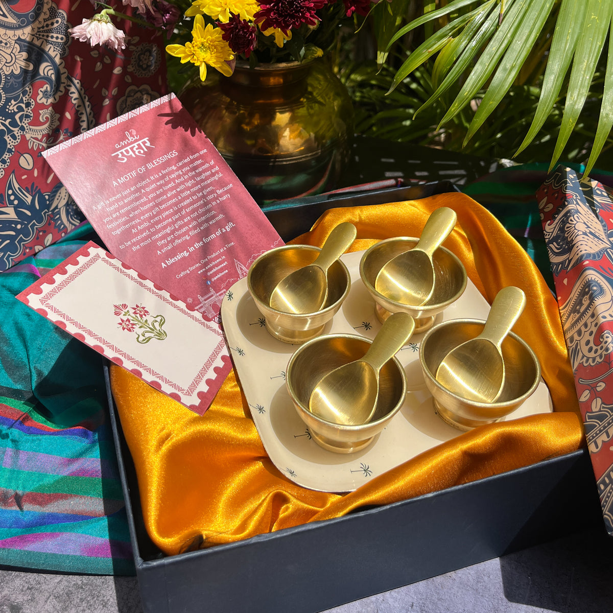 Ambi Pure Brass Dessert Platter with Bowl and Spoon | Premium Gift Set of 4