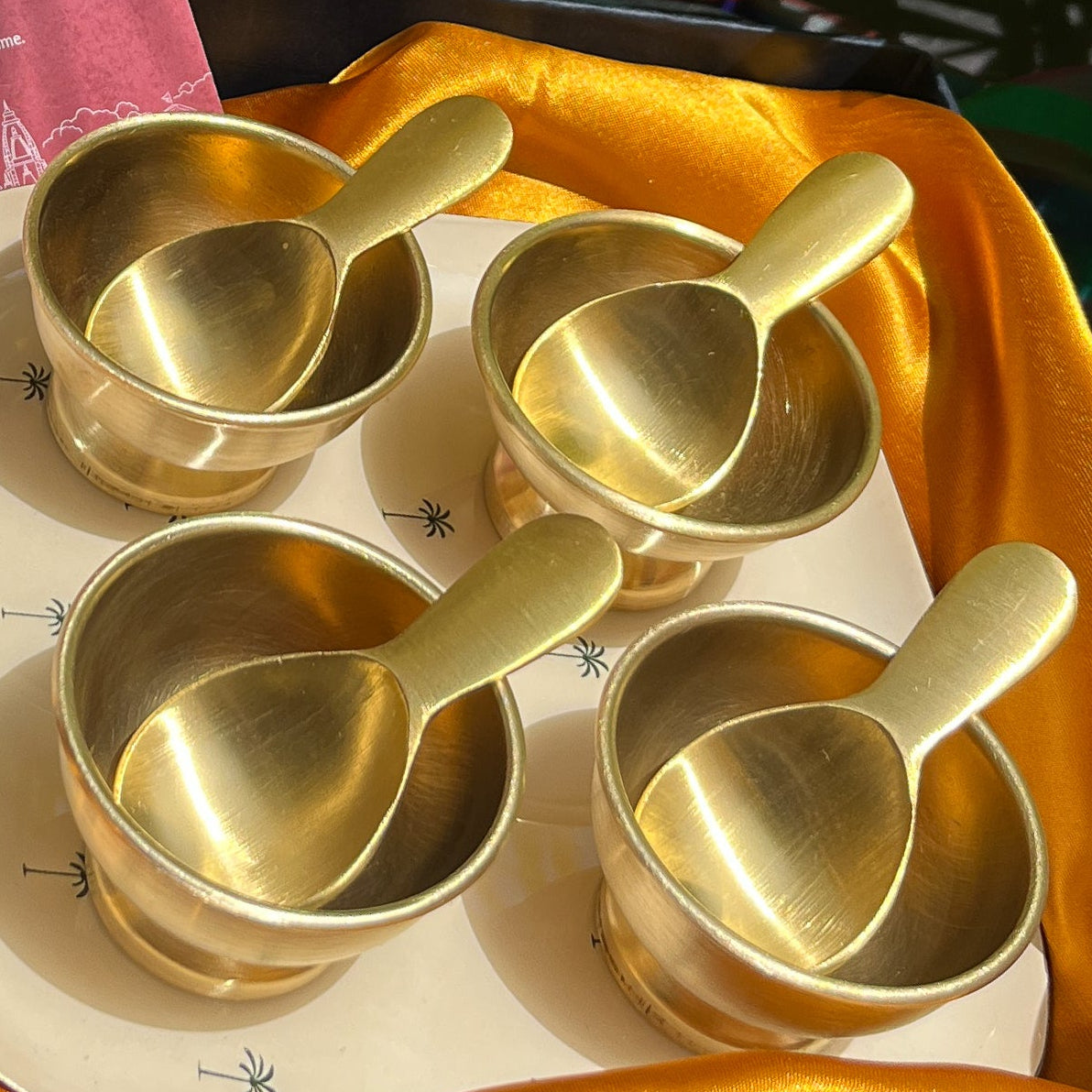 Ambi Pure Brass Dessert Platter with Bowl and Spoon | Premium Gift Set of 4