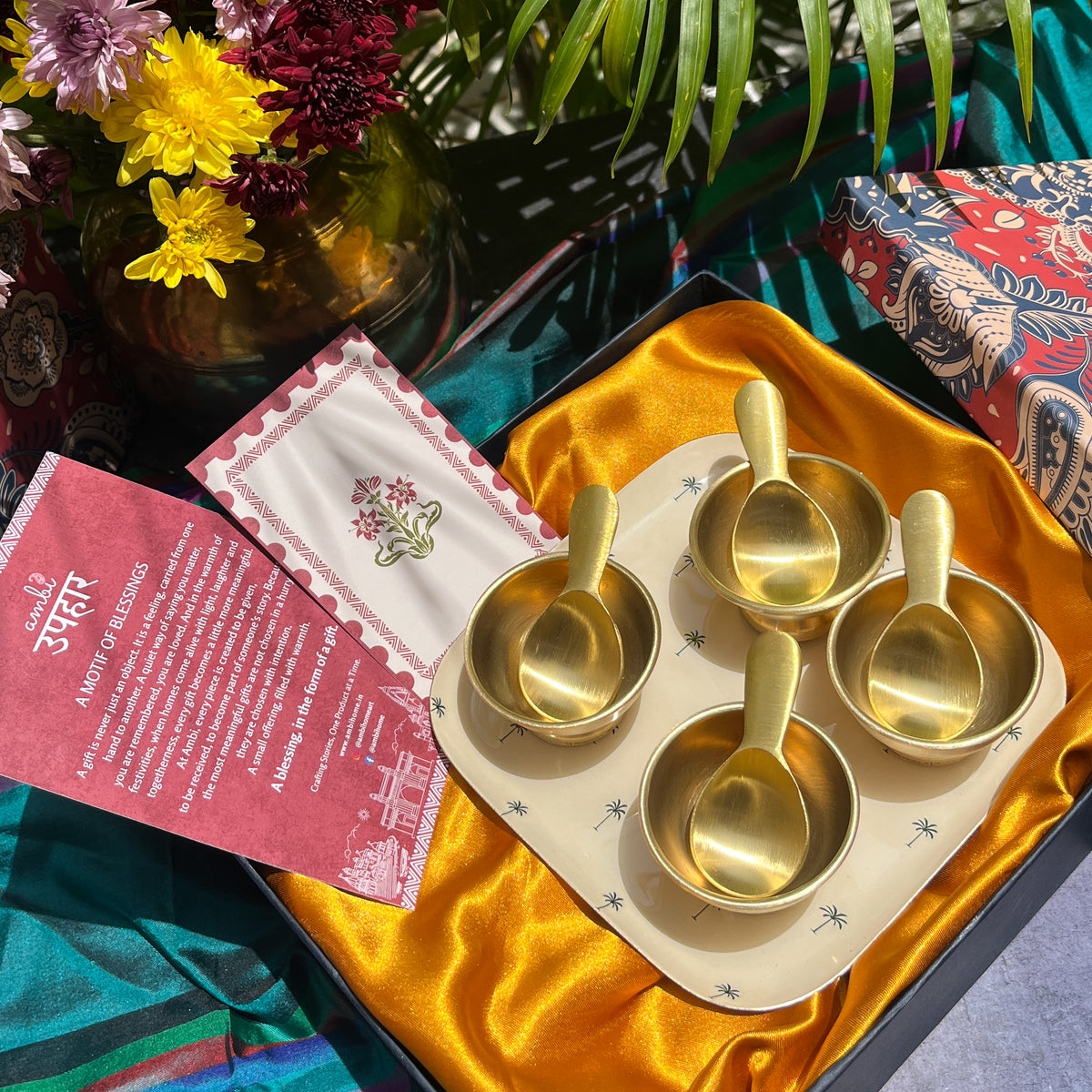 Ambi Pure Brass Dessert Platter with Bowl and Spoon | Premium Gift Set of 4