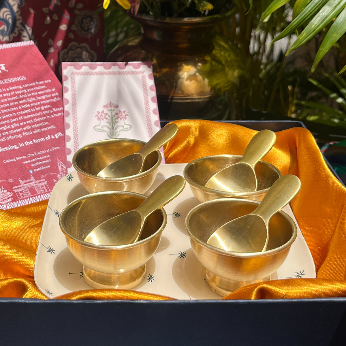 Ambi Pure Brass Dessert Platter with Bowl and Spoon | Premium Gift Set of 4