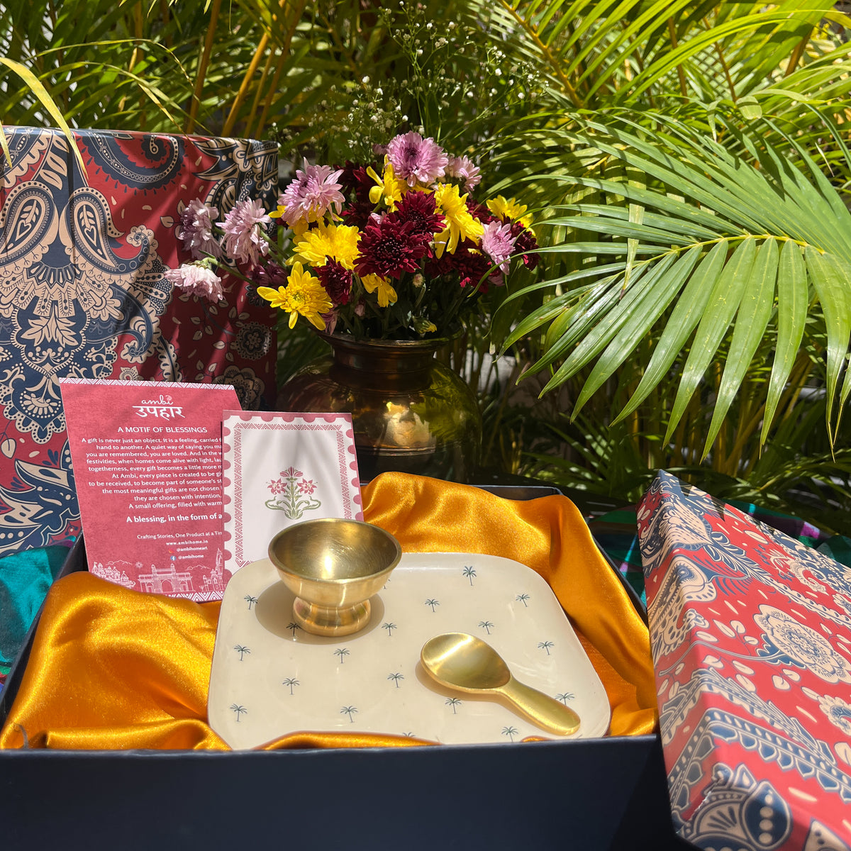 Ambi Pure Brass Dessert Platter with Bowl and Spoon | Premium Gift Set