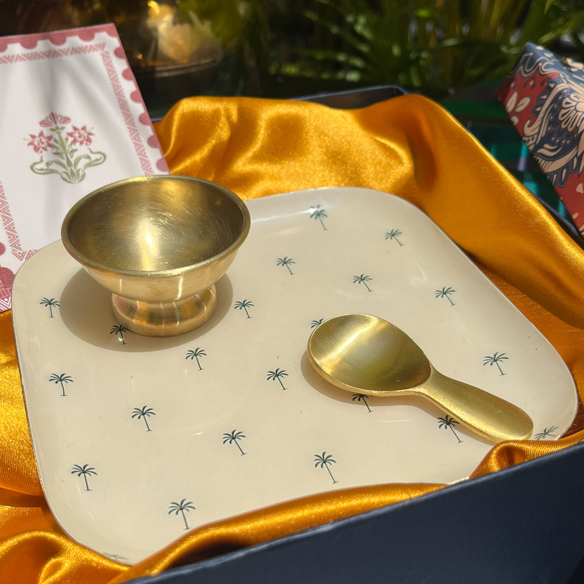 Ambi Pure Brass Dessert Platter with Bowl and Spoon | Premium Gift Set
