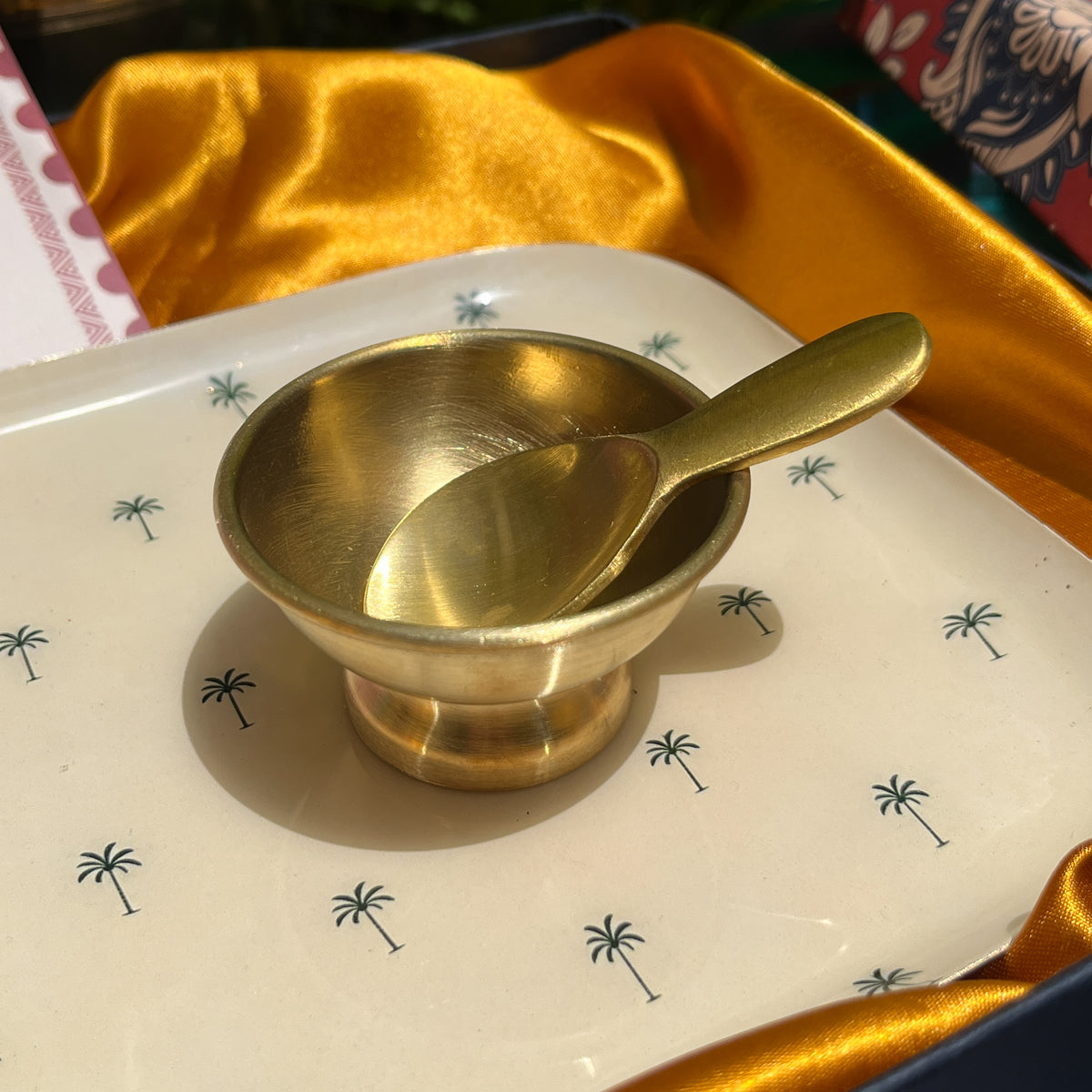 Ambi Pure Brass Dessert Platter with Bowl and Spoon | Premium Gift Set